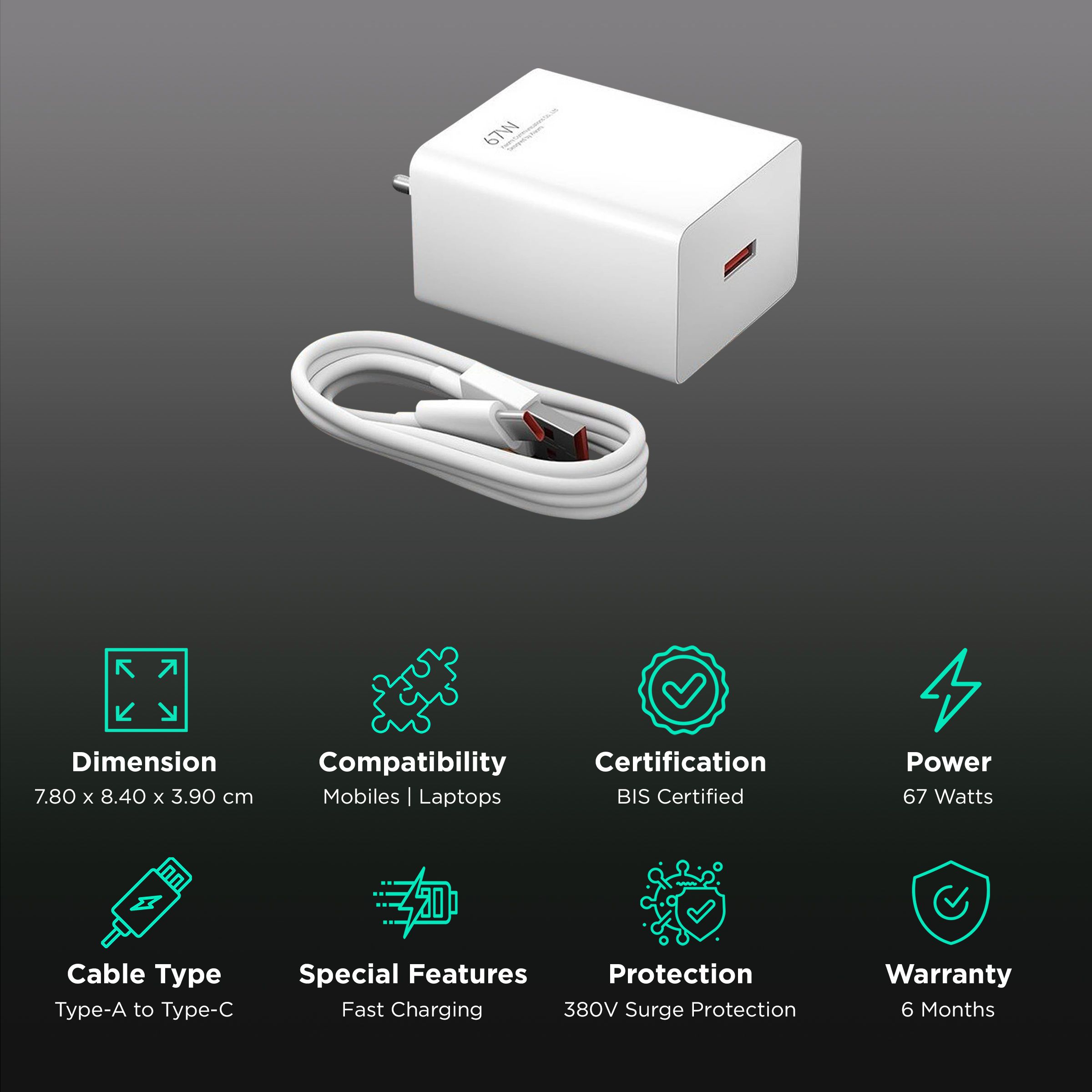 Mi SonicCharge 3. Combo 67W Type A Fast Charger (Type A to Type C Cable, Quick Charge 3., White) Mi SonicCharge 3. Combo 67W Type A Fast Charger (Type A to Type C Cable, Quick Charge 3., White)_2