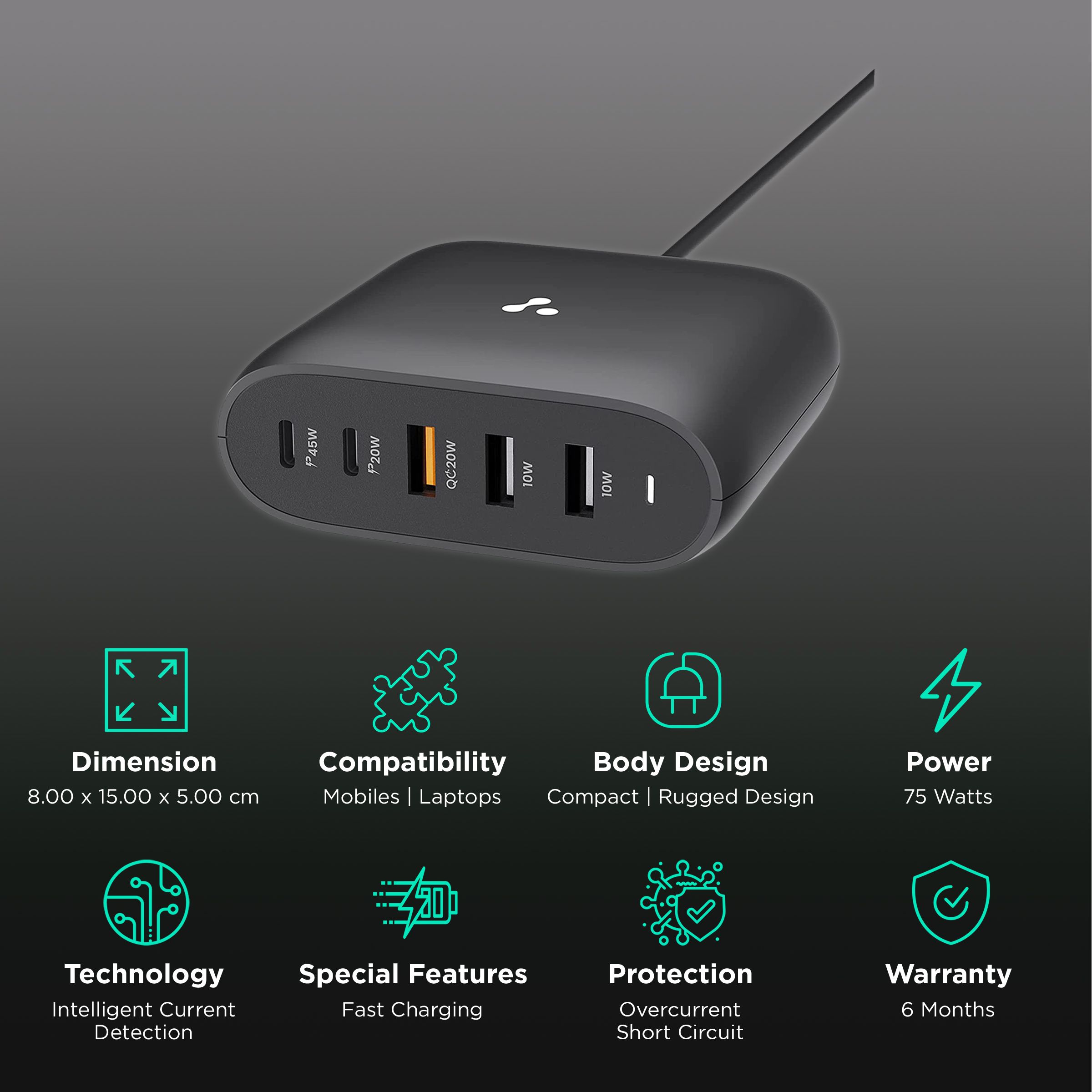 ambrane RAAP HUB 75W Type A & Type C 5-Port Fast Multi-Port Charger (Adapter Only, Intelligent Current Detection, Black) ambrane RAAP HUB 75W Type A & Type C 5-Port Fast Multi-Port Charger (Adapter Only, Intelligent Current Detection, Black)_2