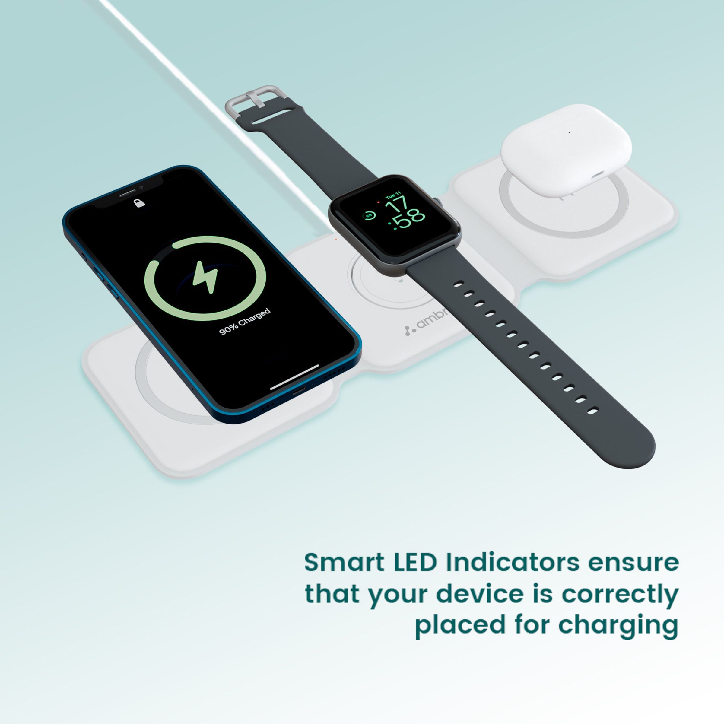 ambrane Aerosync Tripad 20W 3-in-1 Wireless Charger for iPhone 12 & Above, Smart Watch and Earbuds (Qi Charging, White) ambrane Aerosync Tripad 20W 3-in-1 Wireless Charger for iPhone 12 & Above, Smart Watch and Earbuds (Qi Charging, White)_9