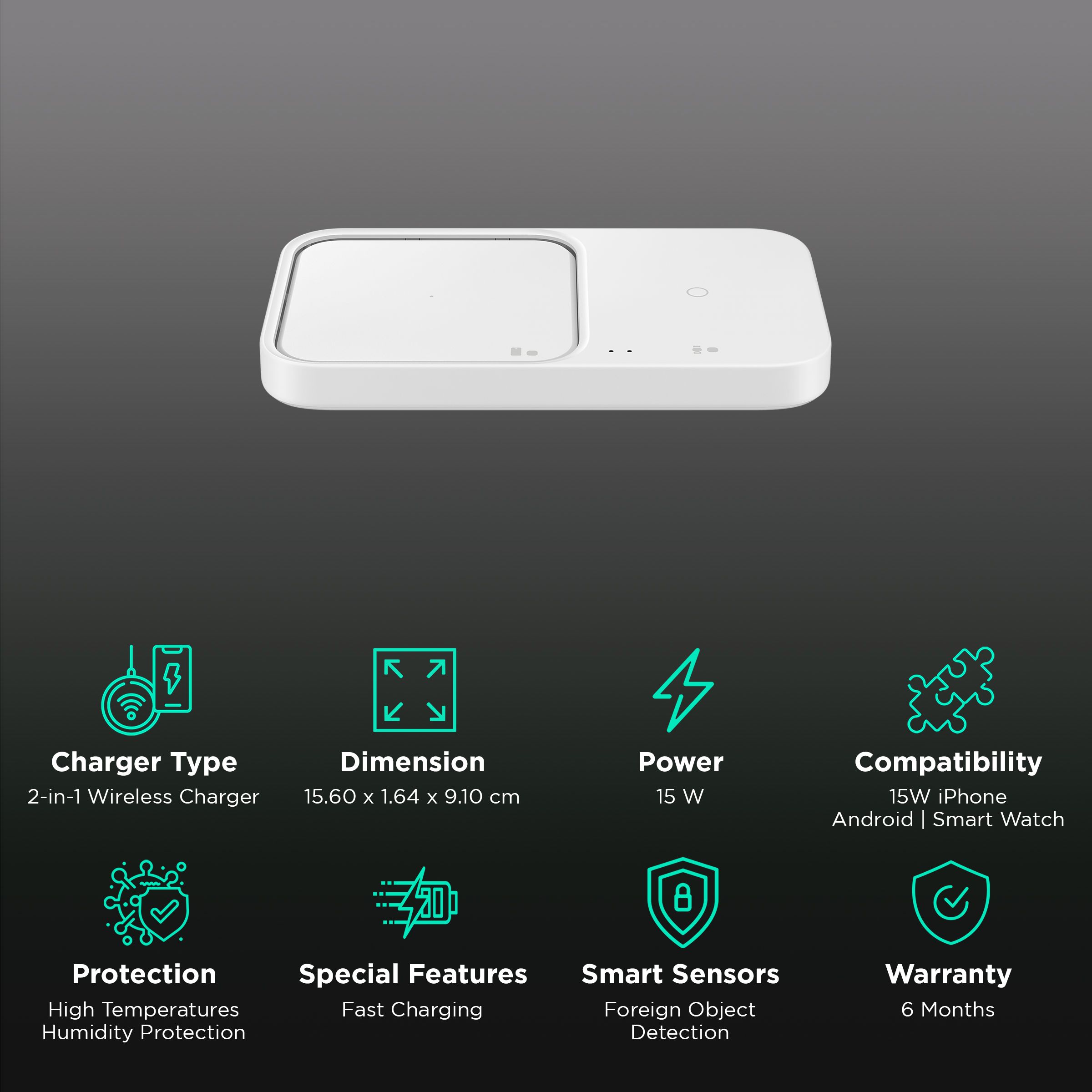 SAMSUNG Duo 15W 2-in-1 Wireless Charger for iOS, Android, Smart Watch (Adaptive Charging, White)_2