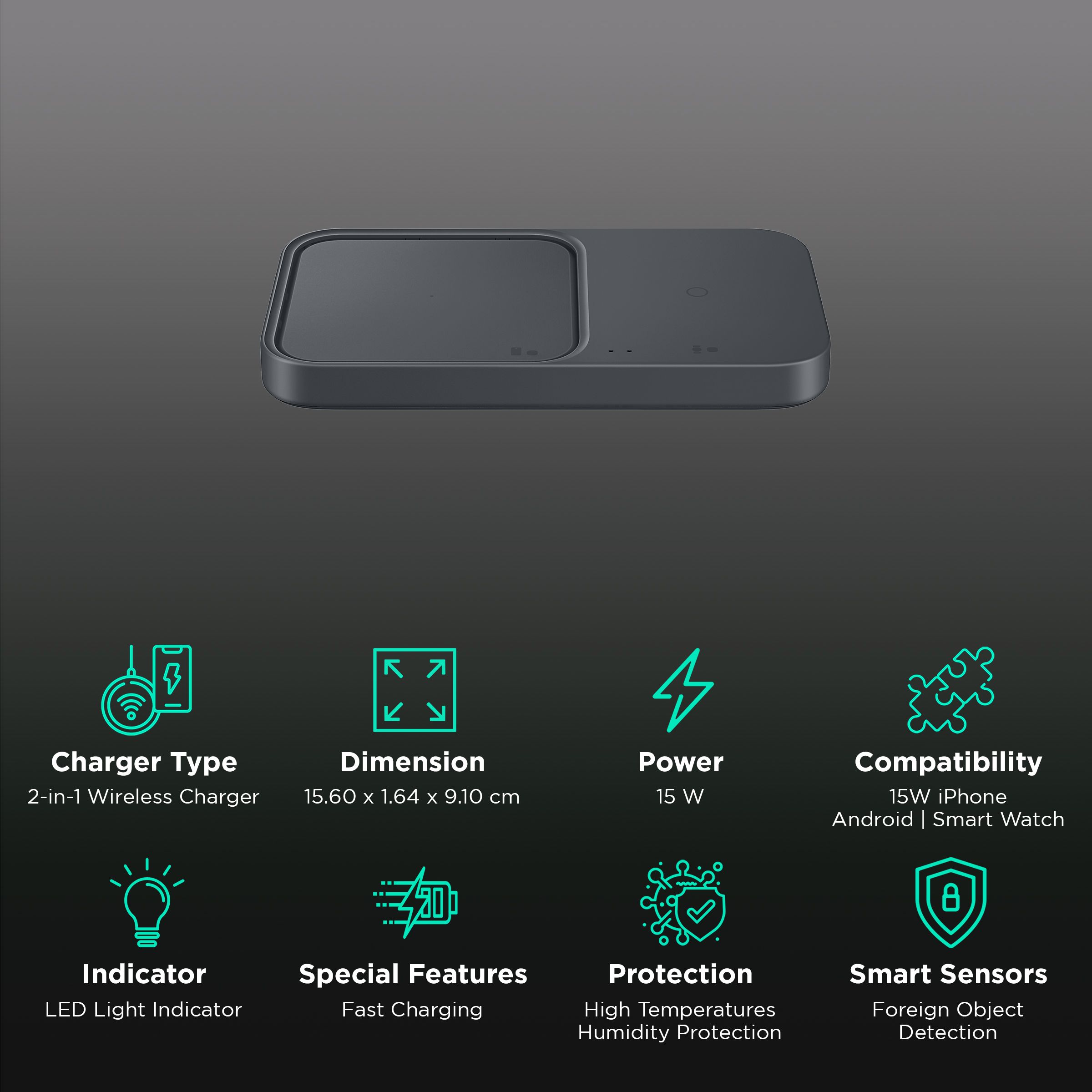 SAMSUNG Duo 15W 2-in-1 Wireless Charger for iOS, Android, Smart Watch (Adaptive Charging, Dark Gray) SAMSUNG Duo 15W 2-in-1 Wireless Charger for iOS, Android, Smart Watch (Adaptive Charging, Dark Gray)_2