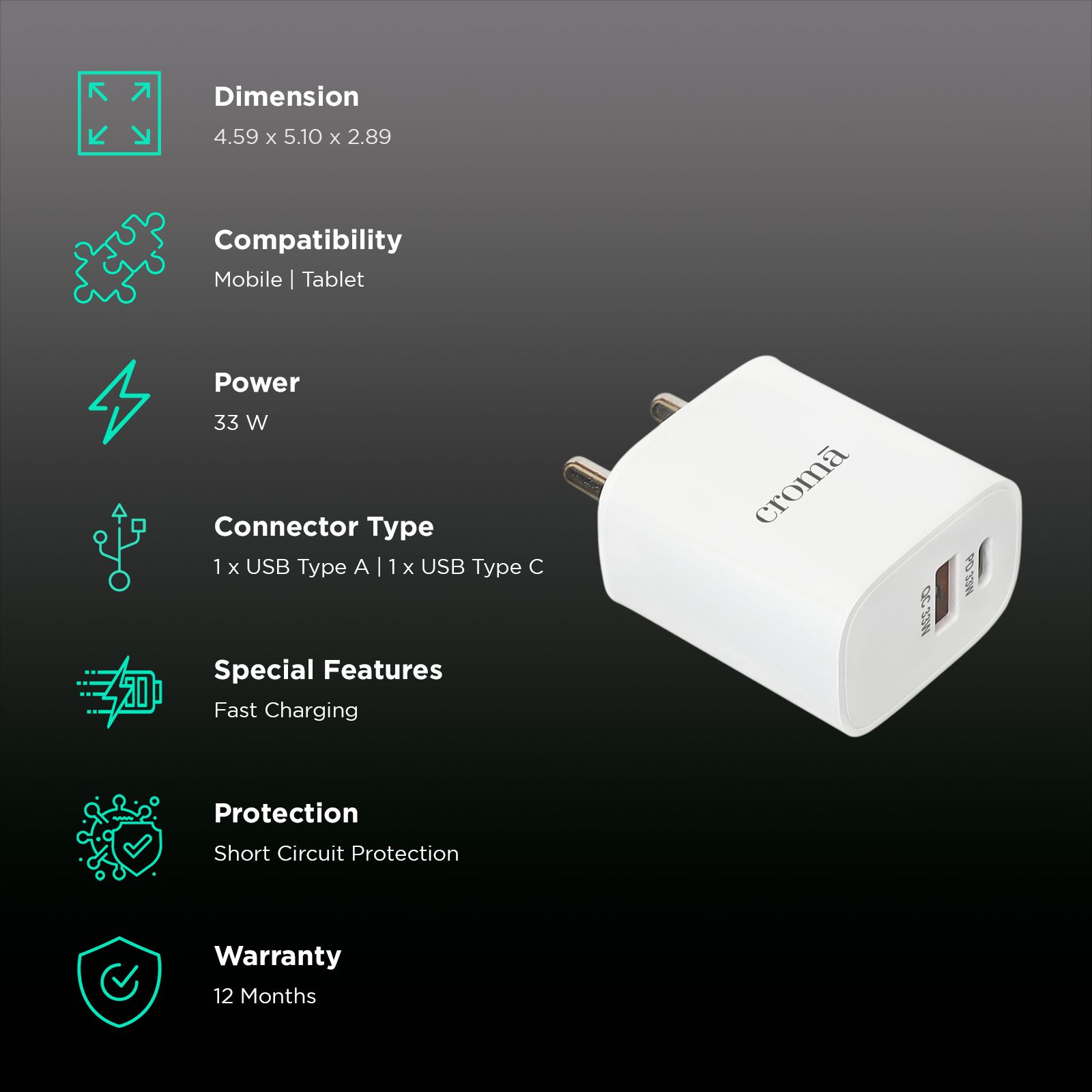 Croma 33W Type A & Type C 2-Port Fast Charger (Type C Cable Included, Short Circuit Protection, White) Croma 33W Type A & Type C 2-Port Fast Charger (Type C Cable Included, Short Circuit Protection, White)_2