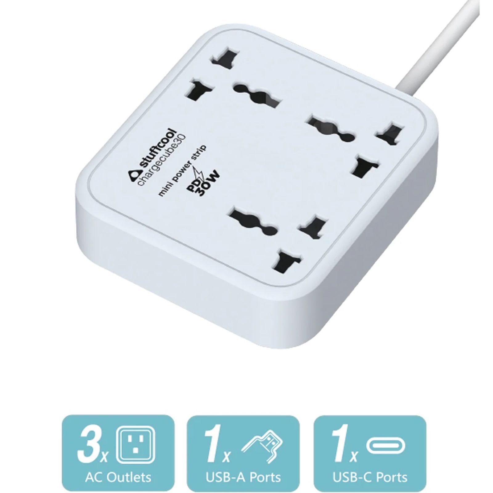 stuffcool ChargeCube30 1500 Amps Power Strip (Universal Plug Points, White)_2