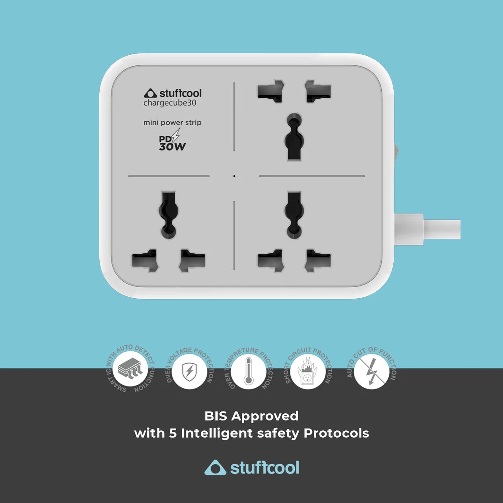 stuffcool ChargeCube30 1500 Amps Power Strip (Universal Plug Points, White)_4
