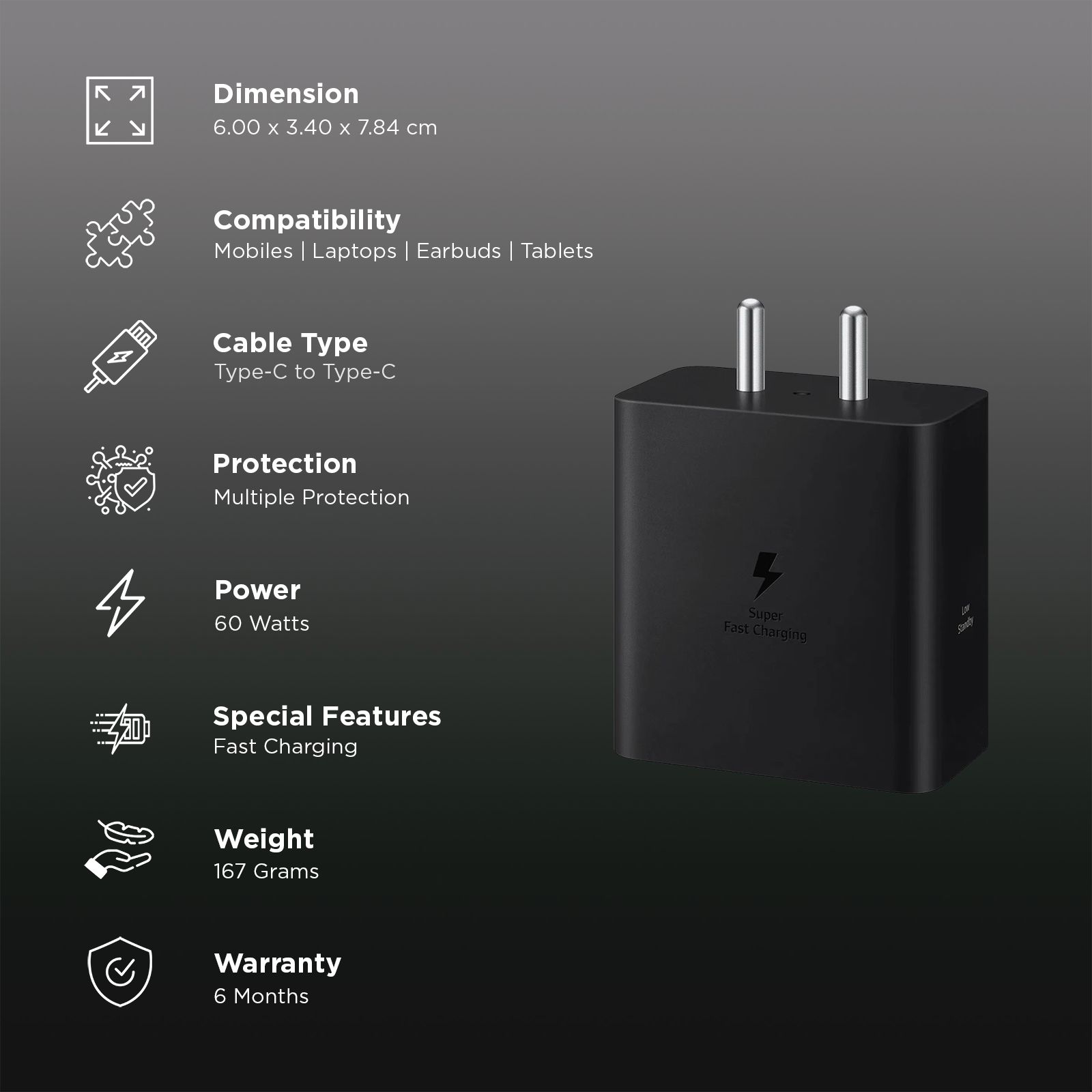 Samsung 60W Type C Fast Charger (Adapter Only, Temperature Protection, Black) Samsung 60W Type C Fast Charger (Adapter Only, Temperature Protection, Black)_3