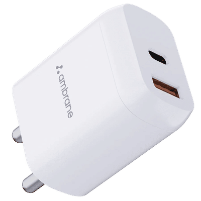 Ambrane RAAP H11 20W Type C & Type A 2-Port Fast Charger (Adapter Only, Fireproof, White)