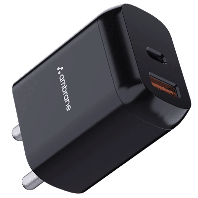 Ambrane RAAP H11 20W Type C & Type A 2-Port Fast Charger (Adapter Only, Fireproof, Black)