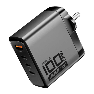 boAt 100W USB A & Type C 4-Port Fast Charger (Adapter Only, 12-Layer Smart IC Protection, Ash Grey)