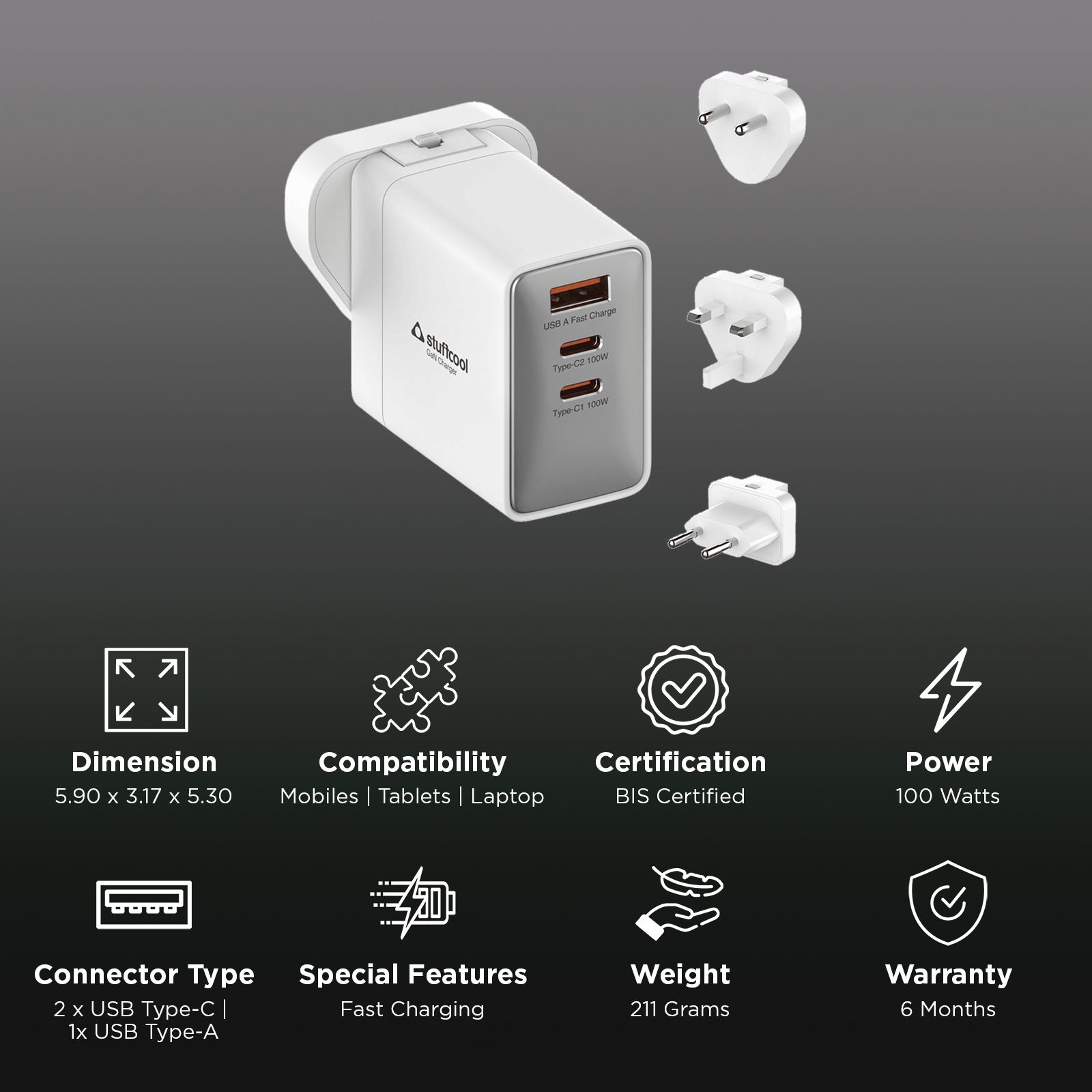 Stuffcool Nomad II 100W Type A & Type C 3-Port Fast Charger (Adapter Only, Universal Travel Compatibility, White) Stuffcool Nomad II 100W Type A & Type C 3-Port Fast Charger (Adapter Only, Universal Travel Compatibility, White)_3