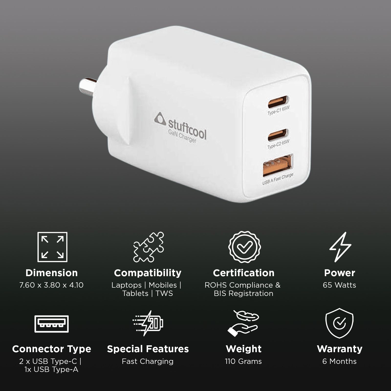 Stuffcool Numen 65W Type A & Type C 3-Port Fast Charger (Adapter Only, Short Circuit Protection, White) Stuffcool Numen 65W Type A & Type C 3-Port Fast Charger (Adapter Only, Short Circuit Protection, White)_3