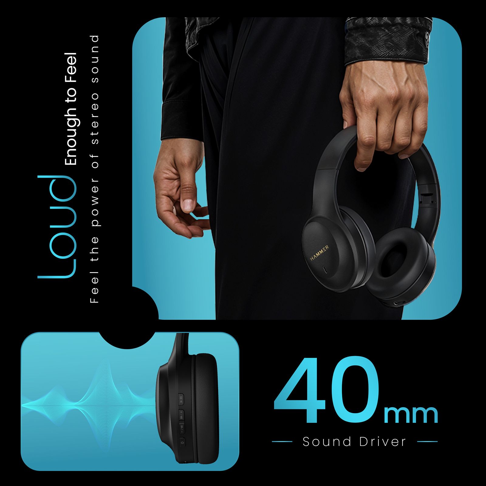 Hammer Bash Plus Bluetooth Headphone with Mic (Environmental Noise Cancellation, Over Ear, Black)_4