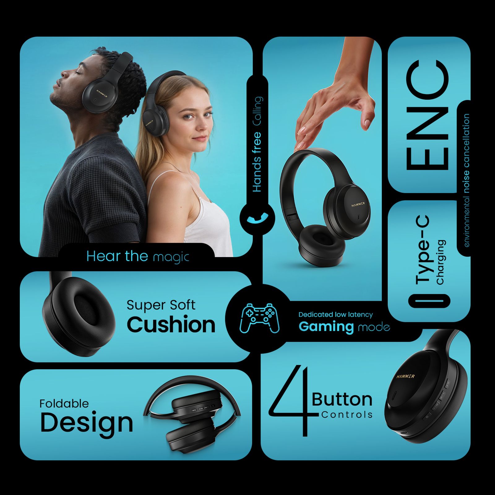 Hammer Bash Plus Bluetooth Headphone with Mic (Environmental Noise Cancellation, Over Ear, Black)_8