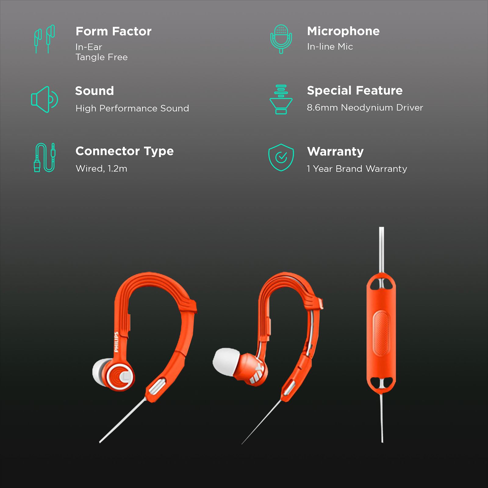 Philips ActionFit Sports In-Ear Wired Earphones with Mic (SHQ3305OR, Orange)_2