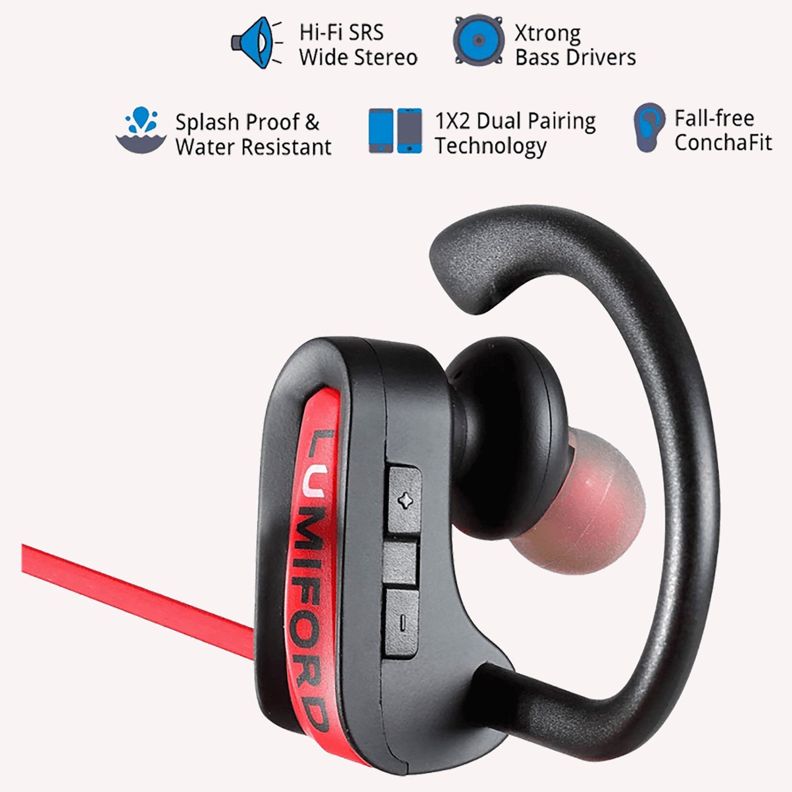 LUMIFORD XP20 Neckband with Passive Noise Cancellation (IPX7 Waterproof, Dual Pairing Technology, Red)_7