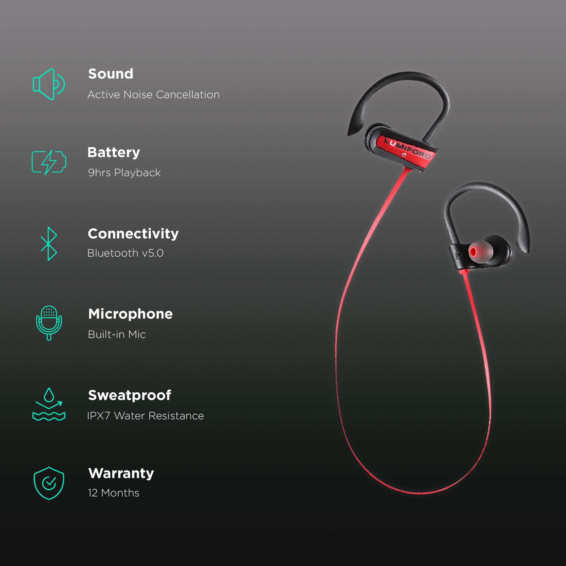 LUMIFORD XP20 Neckband with Passive Noise Cancellation (IPX7 Waterproof, Dual Pairing Technology, Red)_2