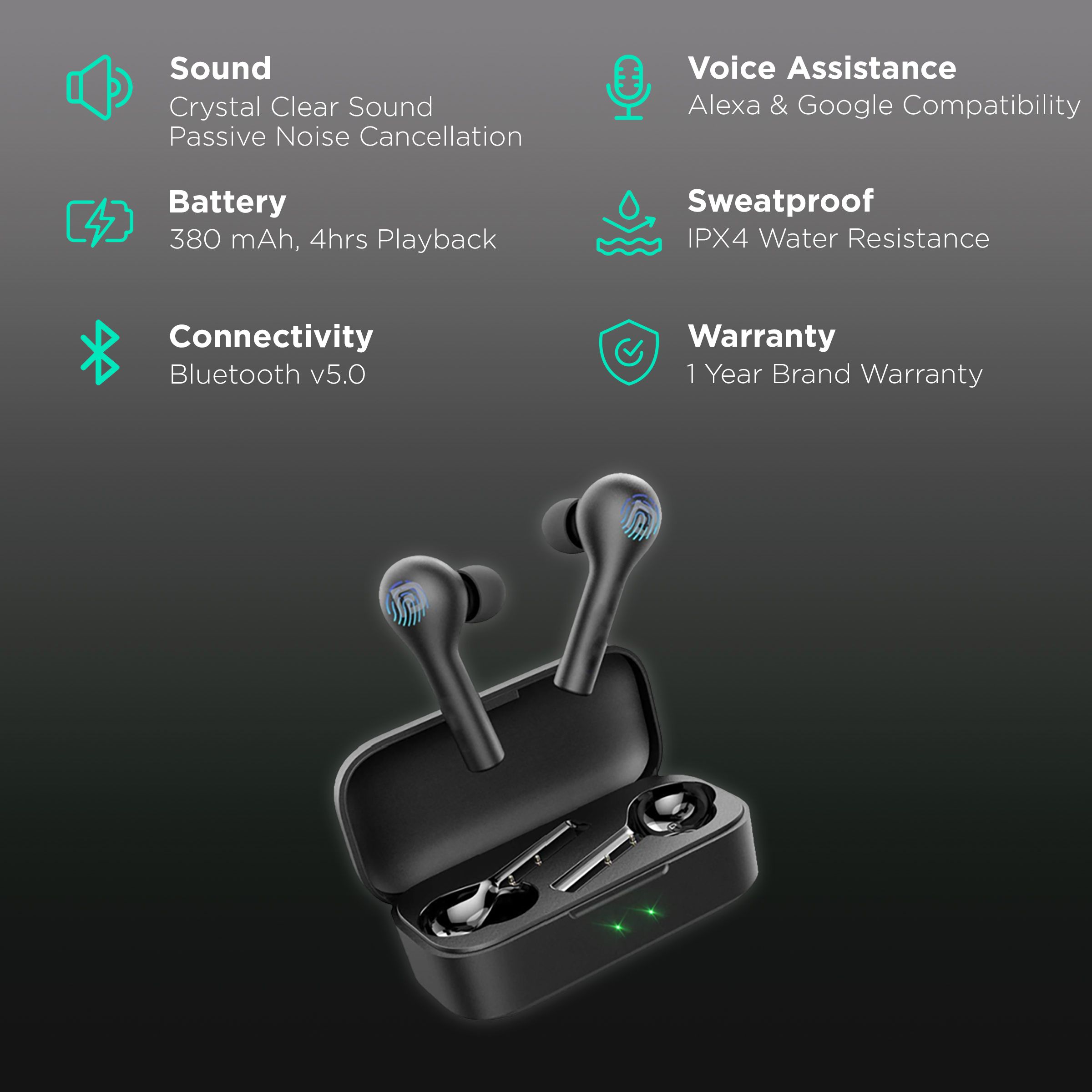 PORTRONICS Harmonics Twins II POR 1050 TWS Earbuds with Passive Noise Cancellation (IPX4 Water Resistant, 4 Hours Playback, Black)_2