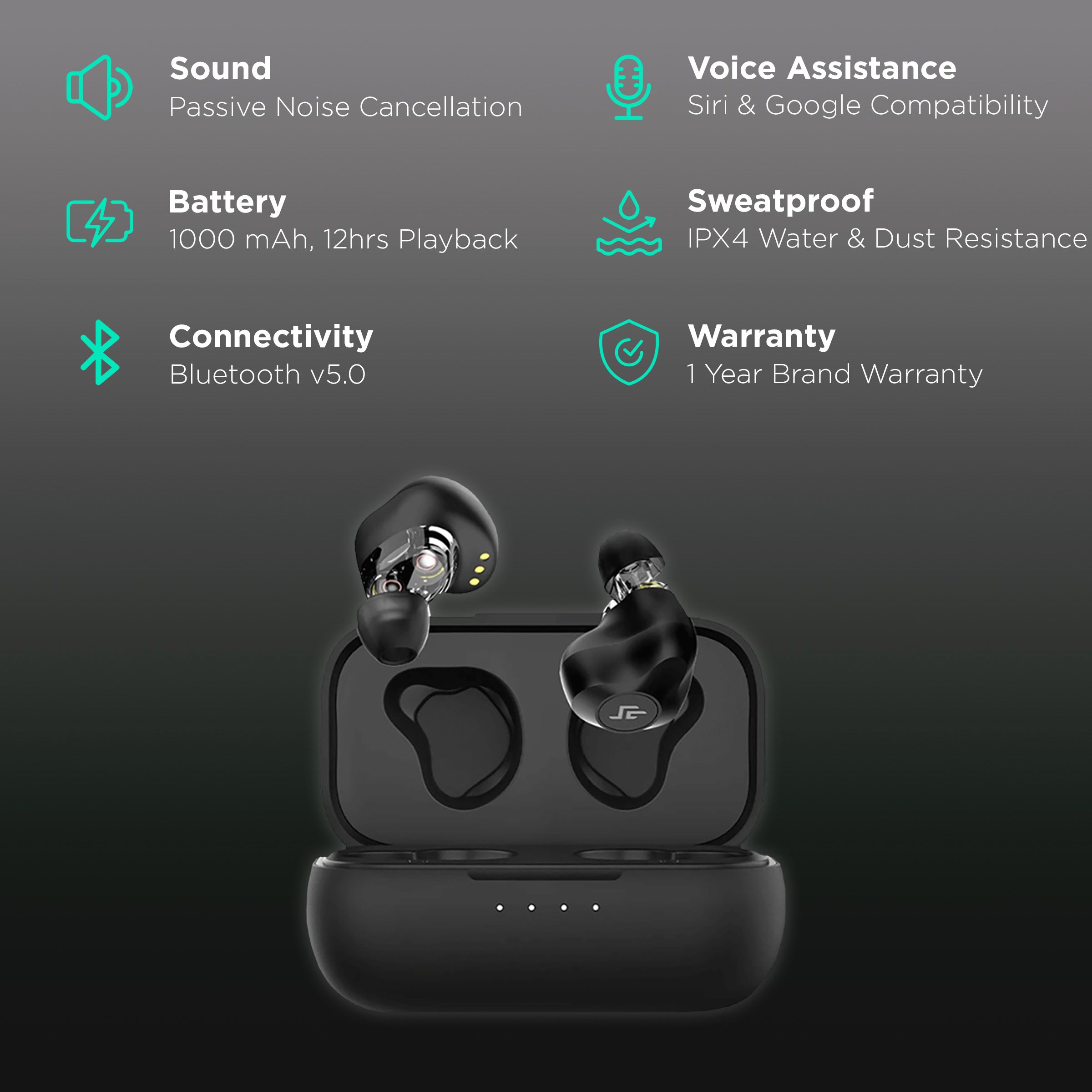 CROSSBEATS Evolve TWS Earbuds with Passive Noise Cancellation (IPX4 Water & Dust Resistant, 12 Hours Playback, Black)_2