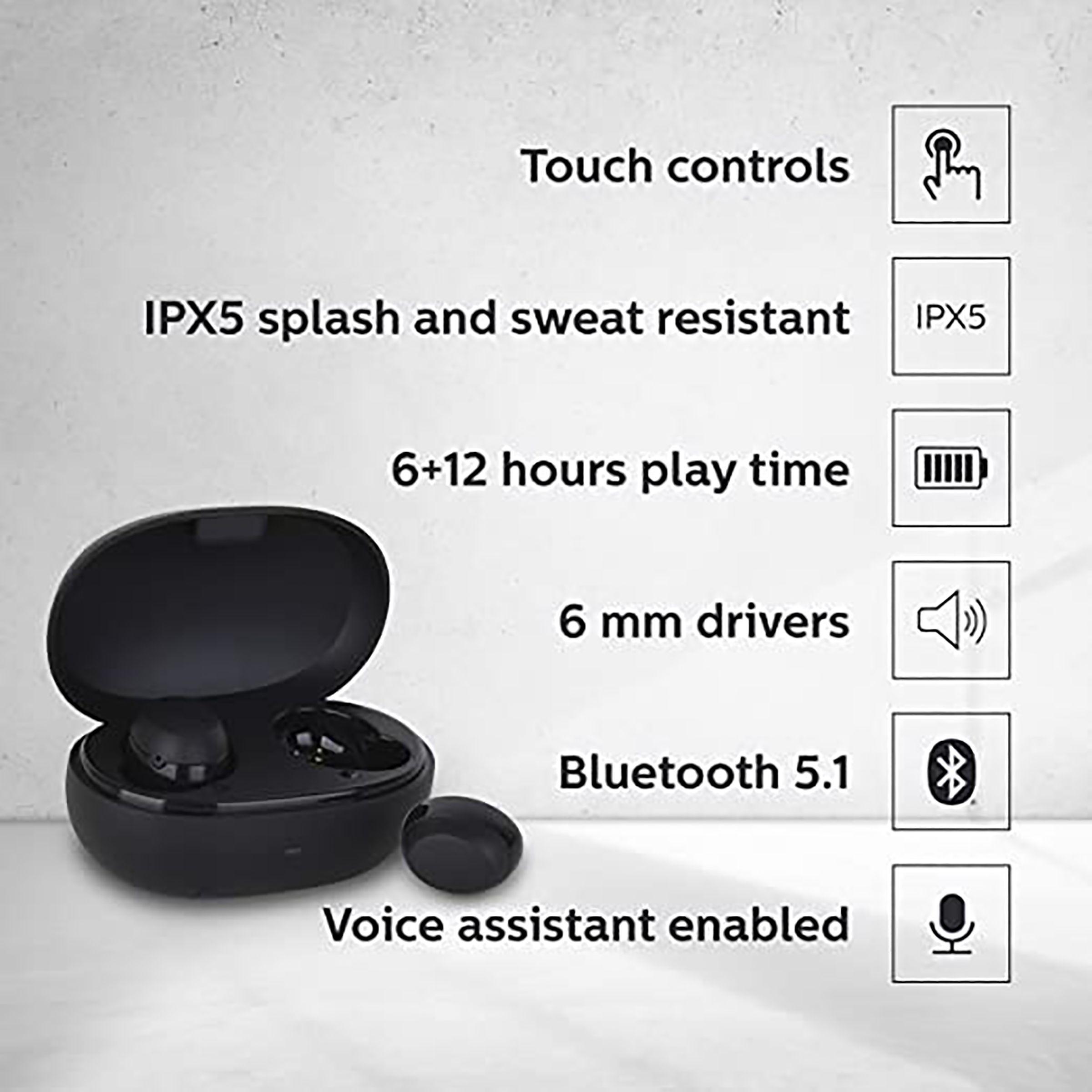 PHILIPS TAT1235BK/97 TWS Earbuds (Splash Resistant, Echo Cancellation, Black) PHILIPS TAT1235BK/97 TWS Earbuds (Splash Resistant, Echo Cancellation, Black)_5