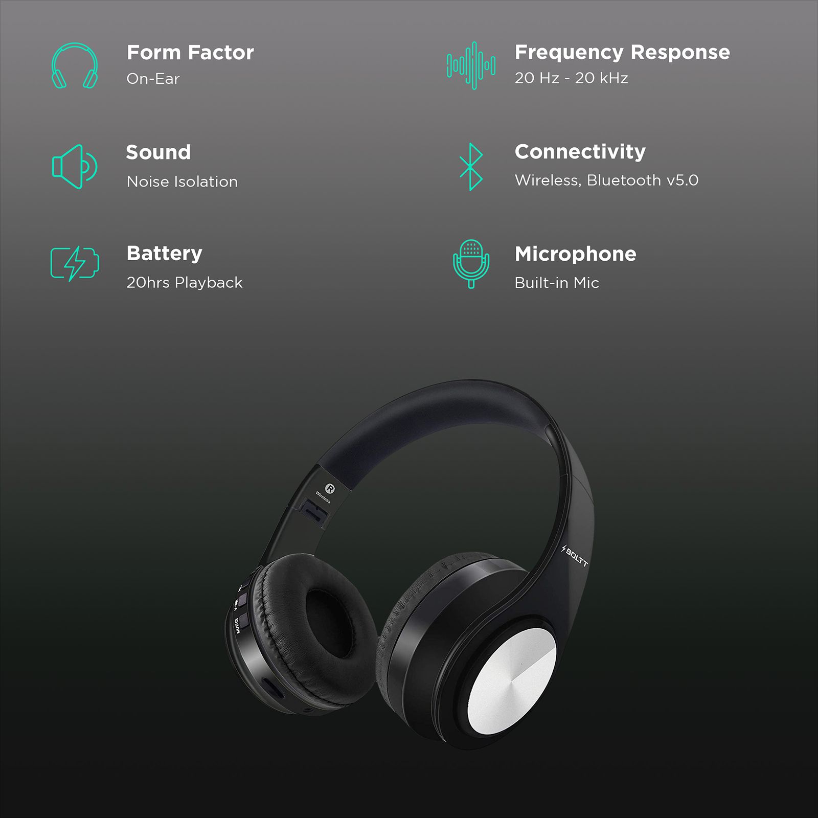 FIRE-BOLTT BH1001 BH1000 On-Ear Noise Isolation Wireless Headphone with Mic (Bluetooth 5.0, Exceptional Sound with Great Bass, Black)_2