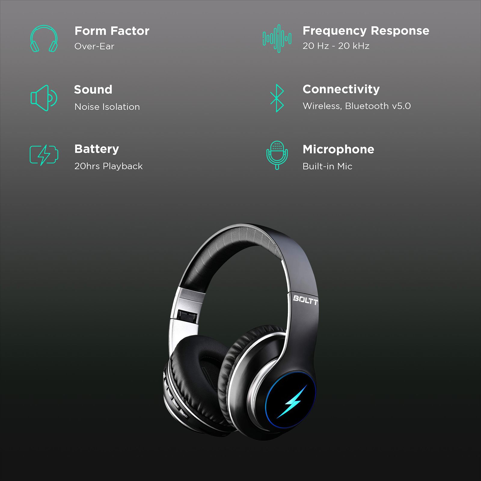 FIRE-BOLTT BH1201 BH1200 Over-Ear Noise Isolation Wireless Headphone with Mic (Bluetooth 5.0, Adjustable Headband, Black)_2