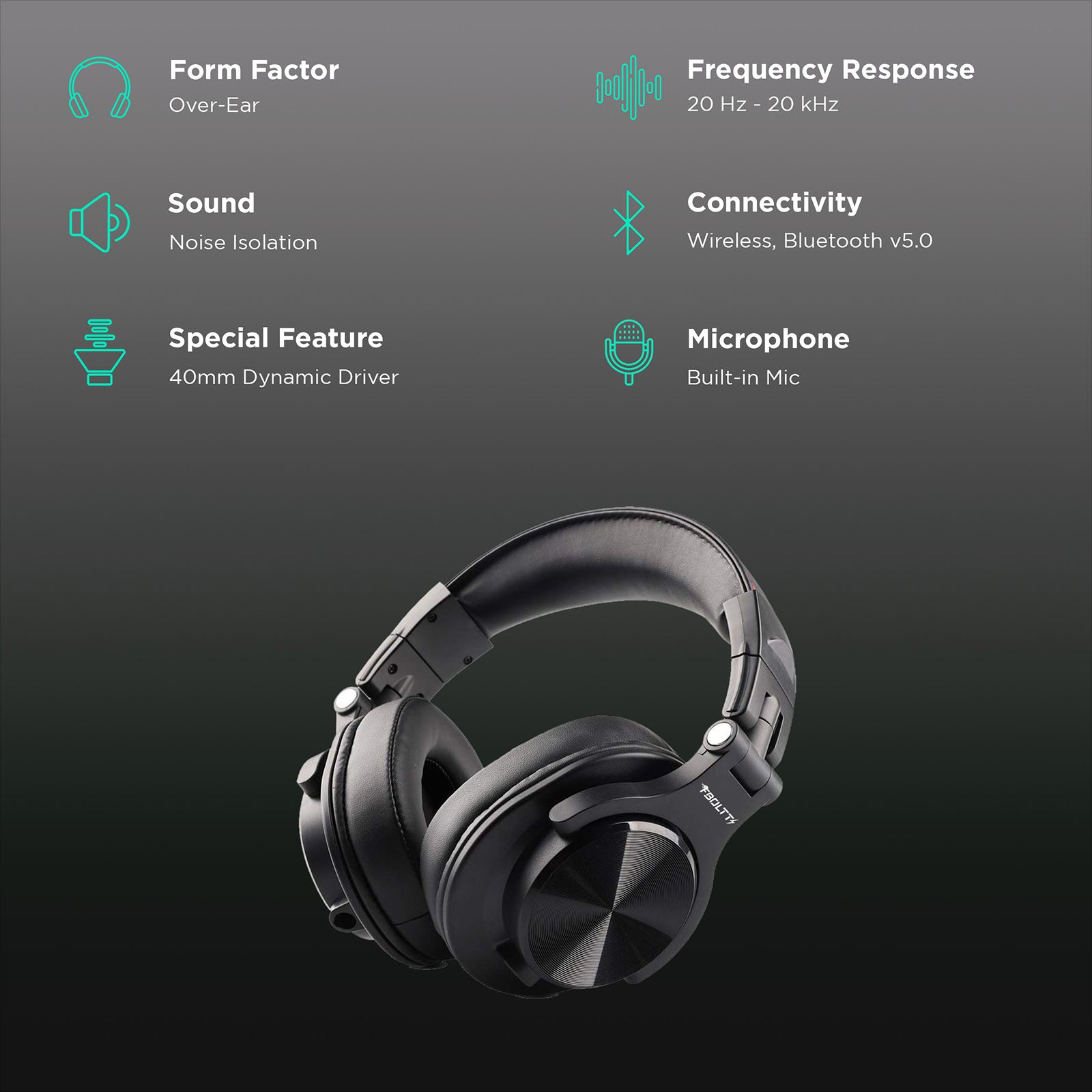 FIRE-BOLTT BH1401 BH1400 Over-Ear Noise Isolation Wireless Headphone with Mic (Bluetooth 5.0, Adjustable Headband, Black)_2