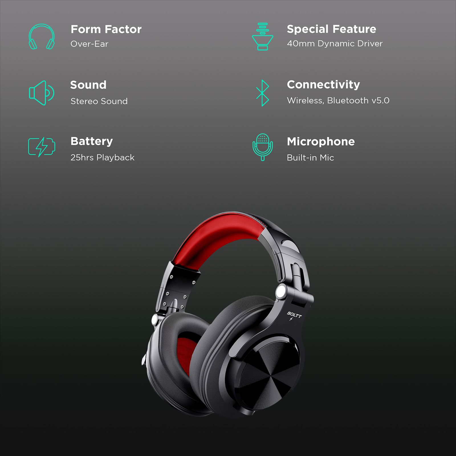 Fire-Boltt BH1400 Bluetooth Headphone with Mic (Bluetooth 5.0, Over-Ear, Red)_2