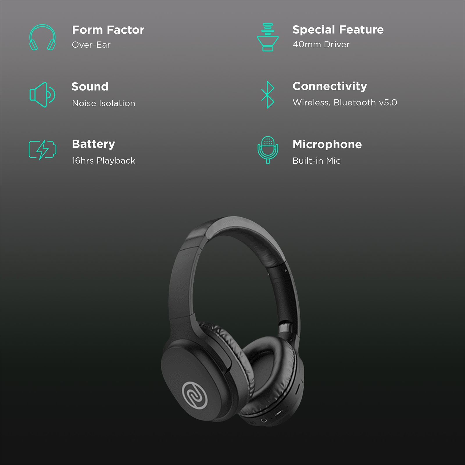 noise One Bluetooth Headphone with Mic (Tru Bass Technology, Over Ear, Soft Black)_2