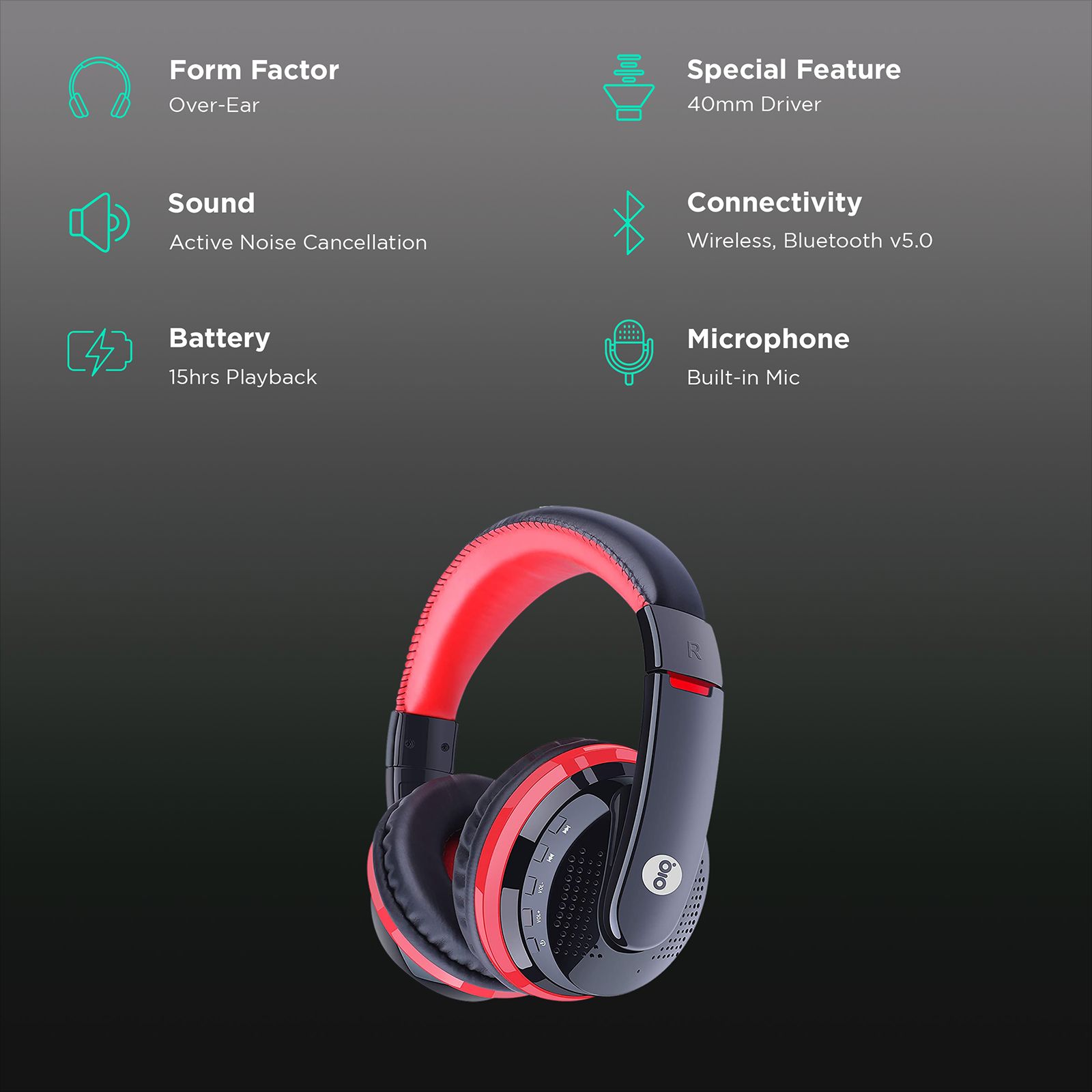 GIZmore Giz Over-Ear Hi-Fi Stereo Sound Active Noise Cancellation Wireless Headphone with Mic (Bluetooth 5.0, Red) GIZmore Giz Over-Ear Hi-Fi Stereo Sound Active Noise Cancellation Wireless Headphone with Mic (Bluetooth 5.0, Red)_2