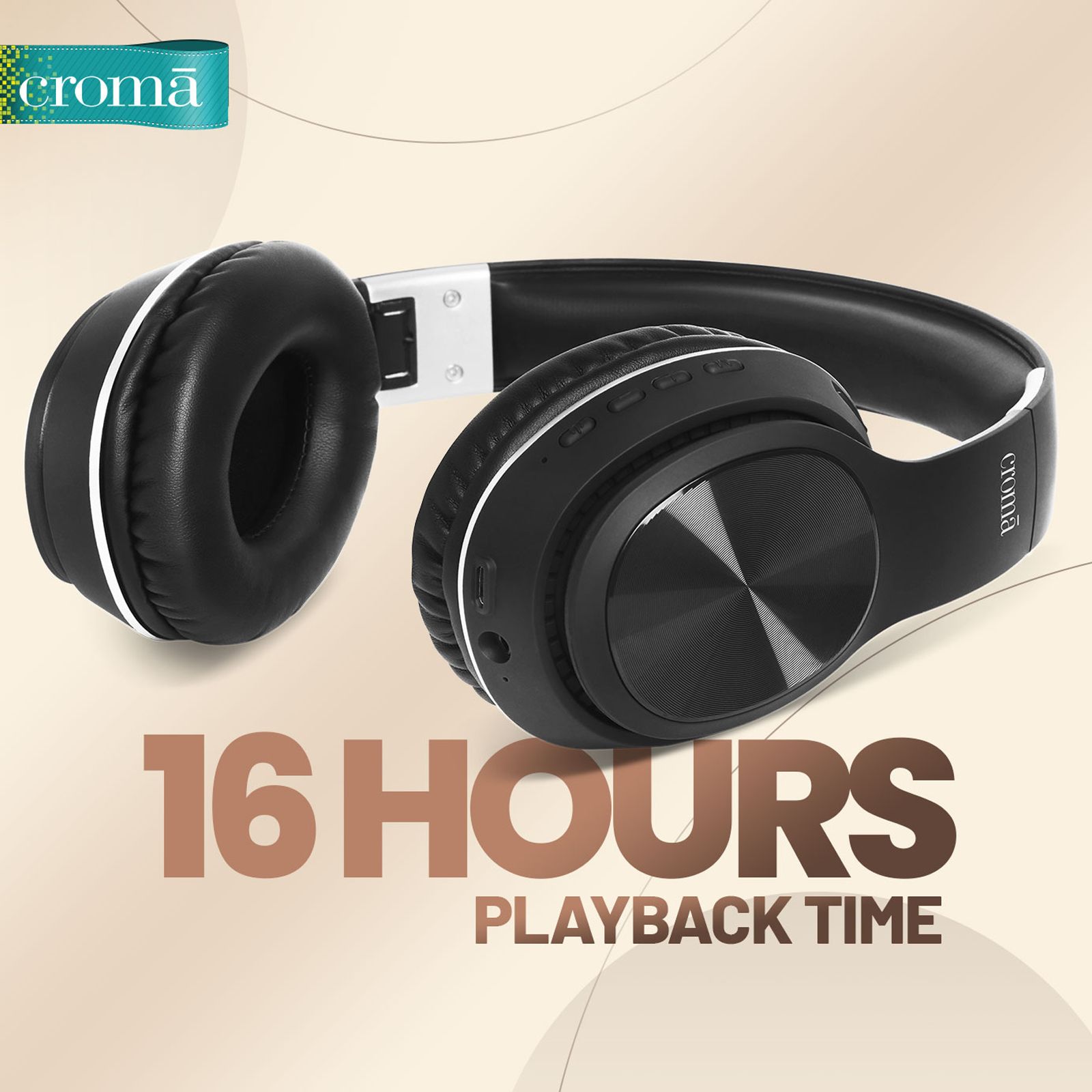 Croma Bluetooth Headphone with Mic (Up to 16 Hours Playback, On Ear, Black)_8