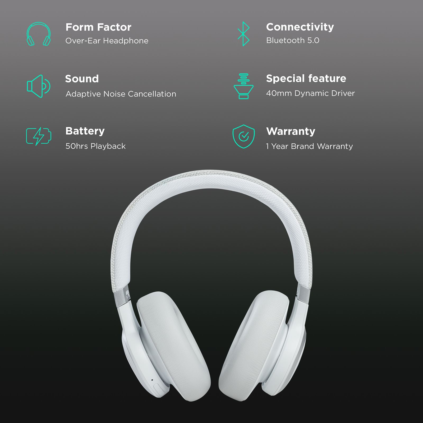 JBL Live 660NC JBLLIVE660NCWHT Over-Ear Adaptive Noise Cancellation Wireless Headphone with Mic (Bluetooth 5.0, Multi-Point Connection, White) JBL Live 660NC JBLLIVE660NCWHT Over-Ear Adaptive Noise Cancellation Wireless Headphone with Mic (Bluetooth 5.0, Multi-Point Connection, White)_2