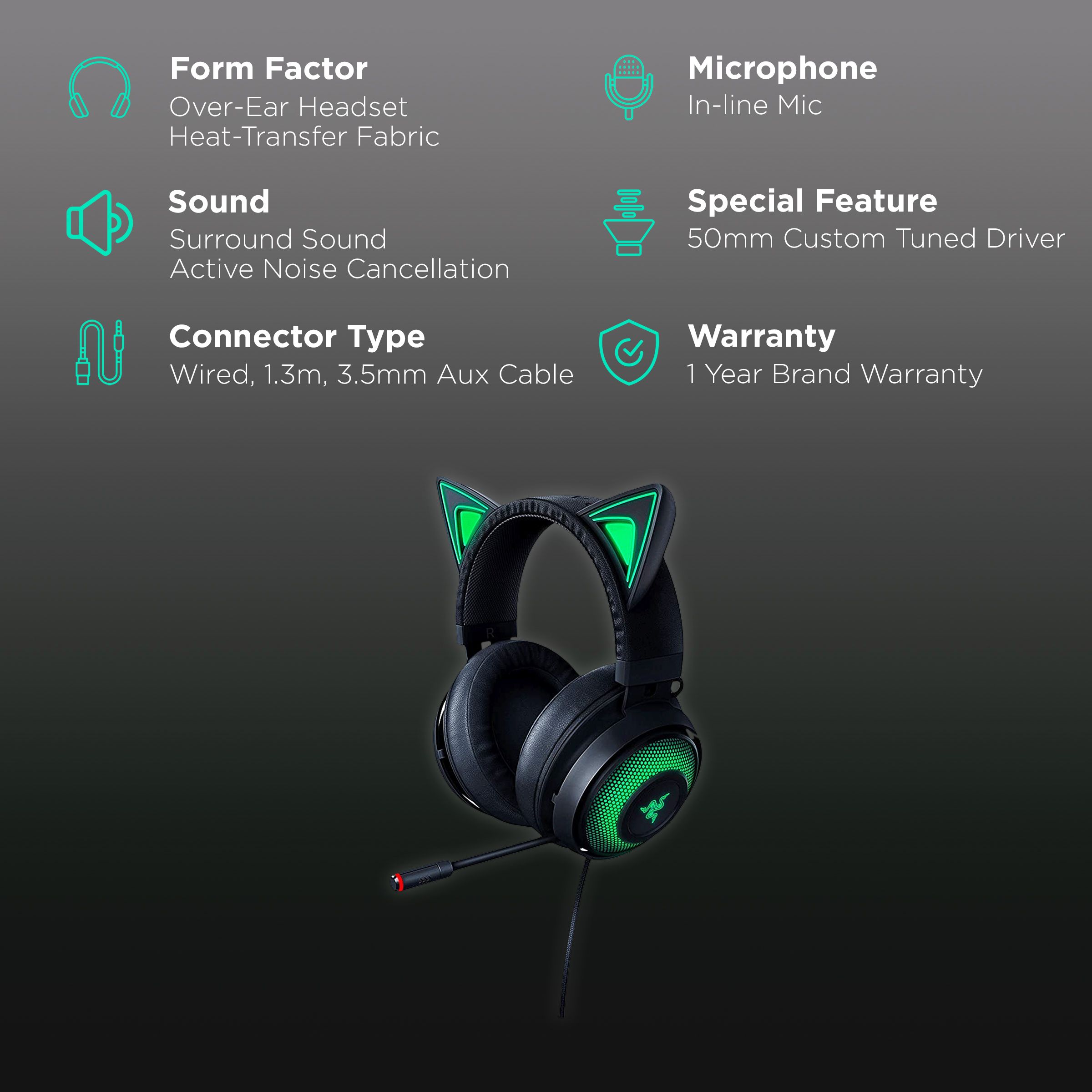 RAZER Kraken Kitty RZ04-02980100-R3M1 Wired Gaming Headset with Active Noise Cancellation (Stream Reactive Lighting, Over Ear, Black) RAZER Kraken Kitty RZ04-02980100-R3M1 Wired Gaming Headset with Active Noise Cancellation (Stream Reactive Lighting, Over Ear, Black)_2