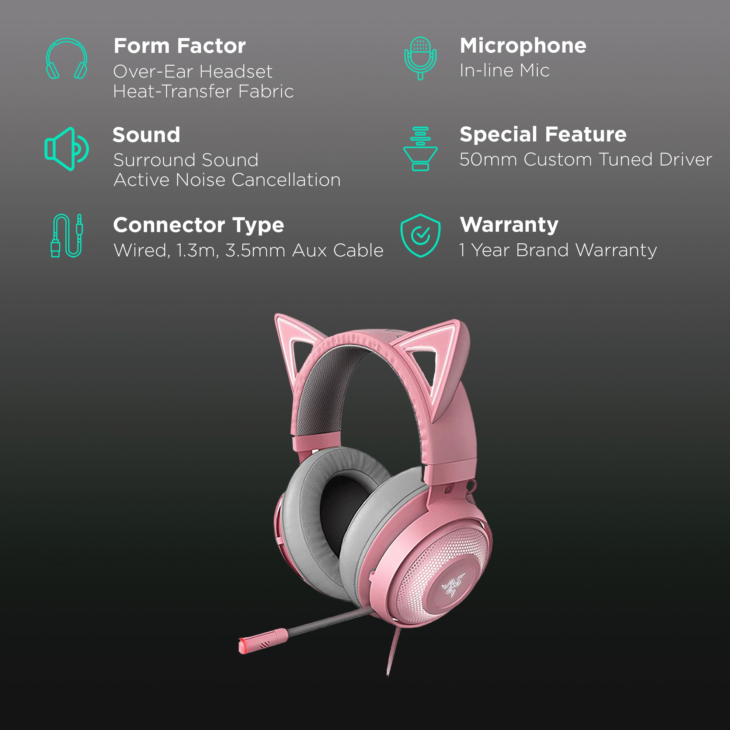 RAZER Kraken Kitty Quartz RZ04-02980200-R3M1 Wired Gaming Headset with Active Noise Cancellation (Stream Reactive Lighting, Over Ear, Pink) RAZER Kraken Kitty Quartz RZ04-02980200-R3M1 Wired Gaming Headset with Active Noise Cancellation (Stream Reactive Lighting, Over Ear, Pink)_2