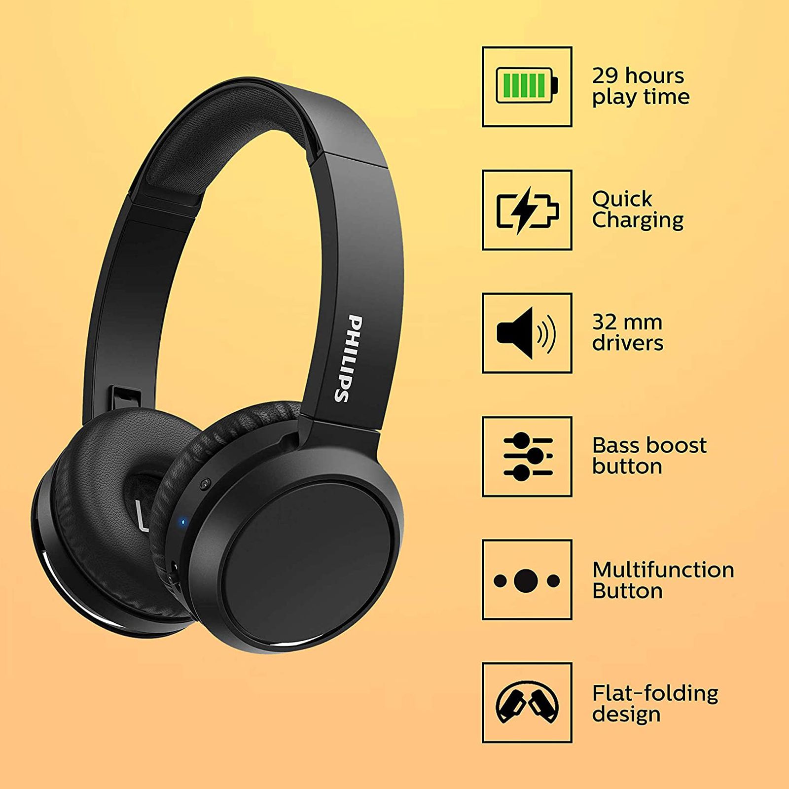 PHILIPS TAH4205BK/00 Bluetooth Headphone with Mic (29 Hours Playback, On Ear, Black)_9