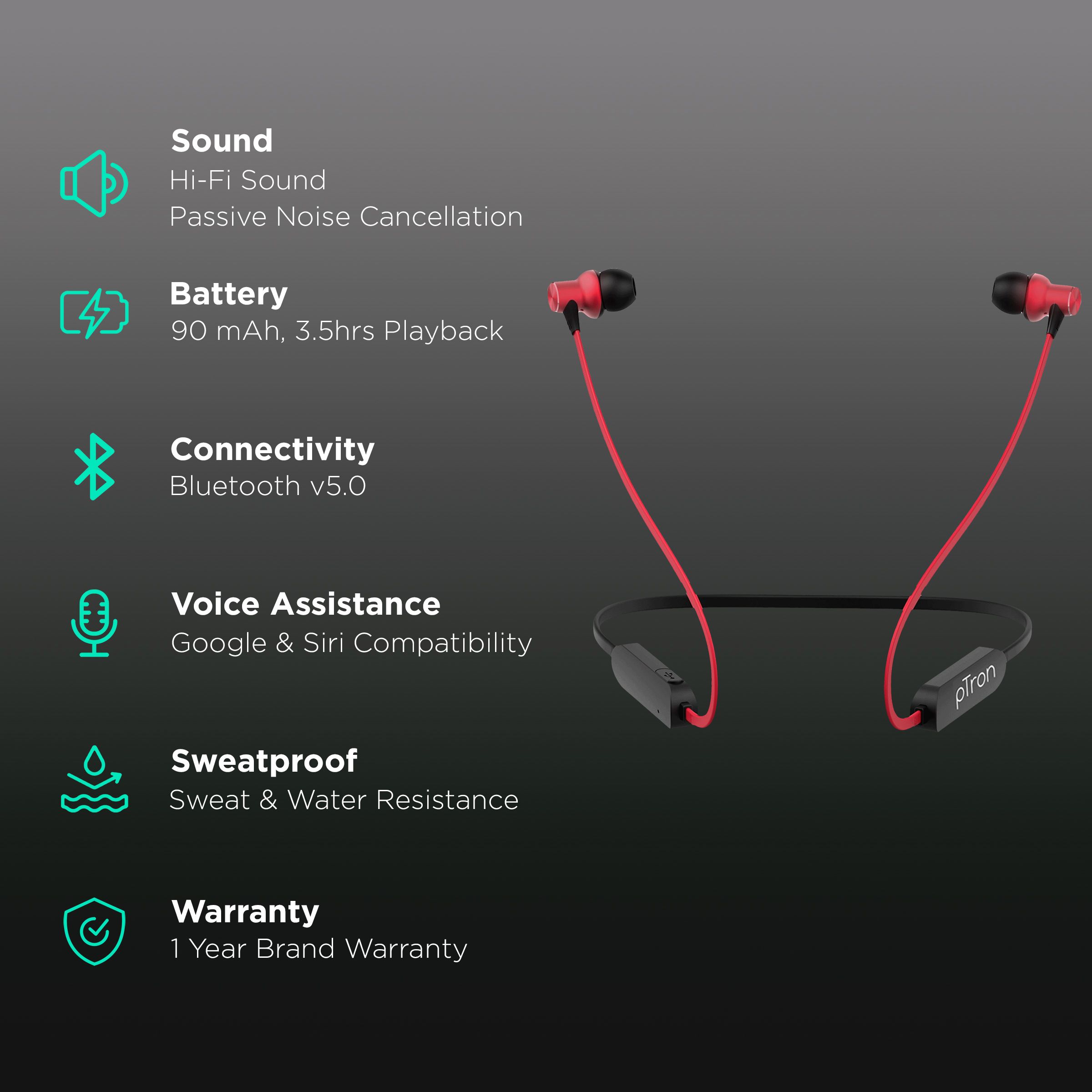 pTron Avento Classic 140317897 Neckband with Passive Noise Cancellation (Sweat & Water Resistant, 3.5 Hours Playtime, Black/Red) pTron Avento Classic 140317897 Neckband with Passive Noise Cancellation (Sweat & Water Resistant, 3.5 Hours Playtime, Black/Red)_2