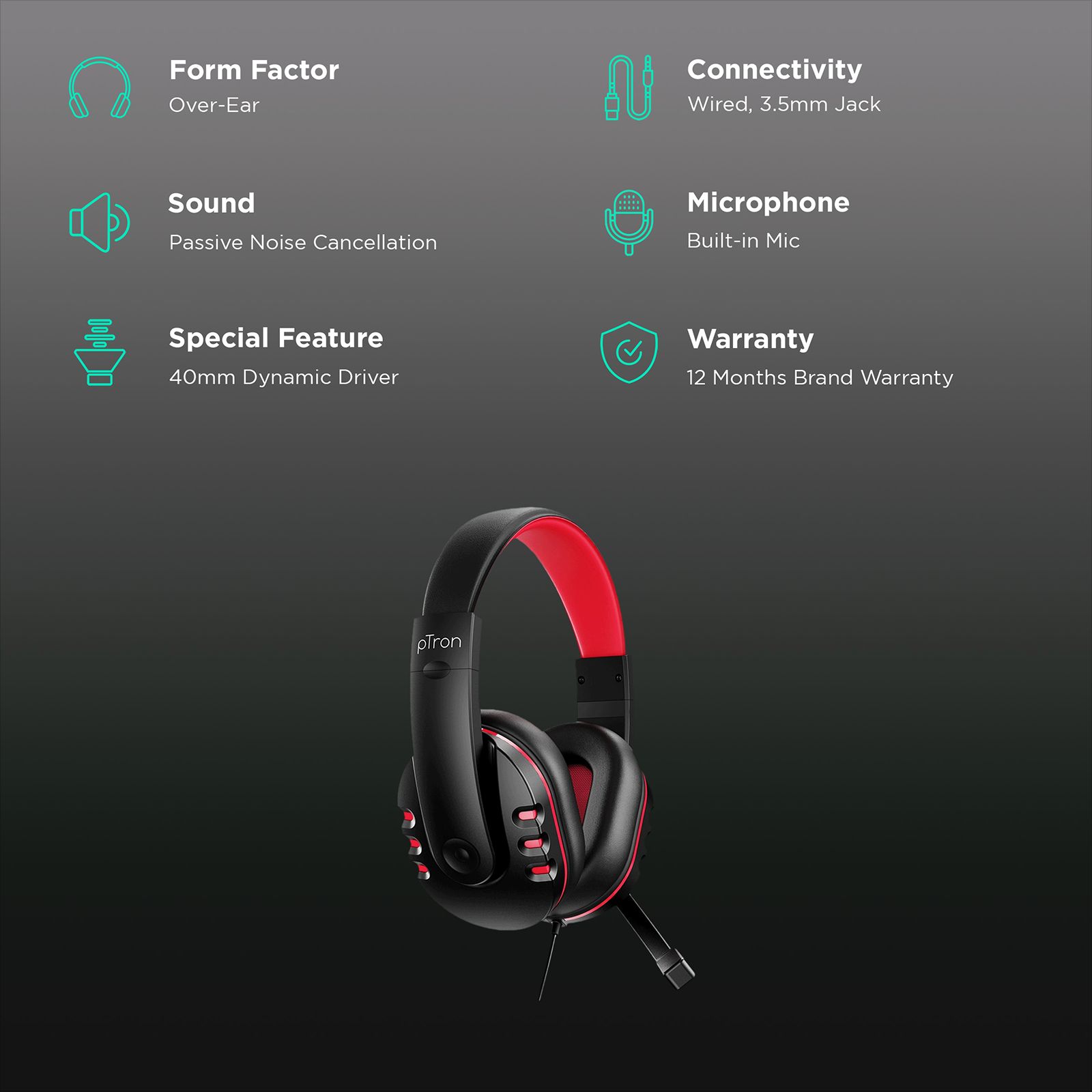 pTron Soundster Arcade 140317989 Over-Ear Wired Gaming Headphone with Mic (40mm Dynamic Driver, Black/Red)_2