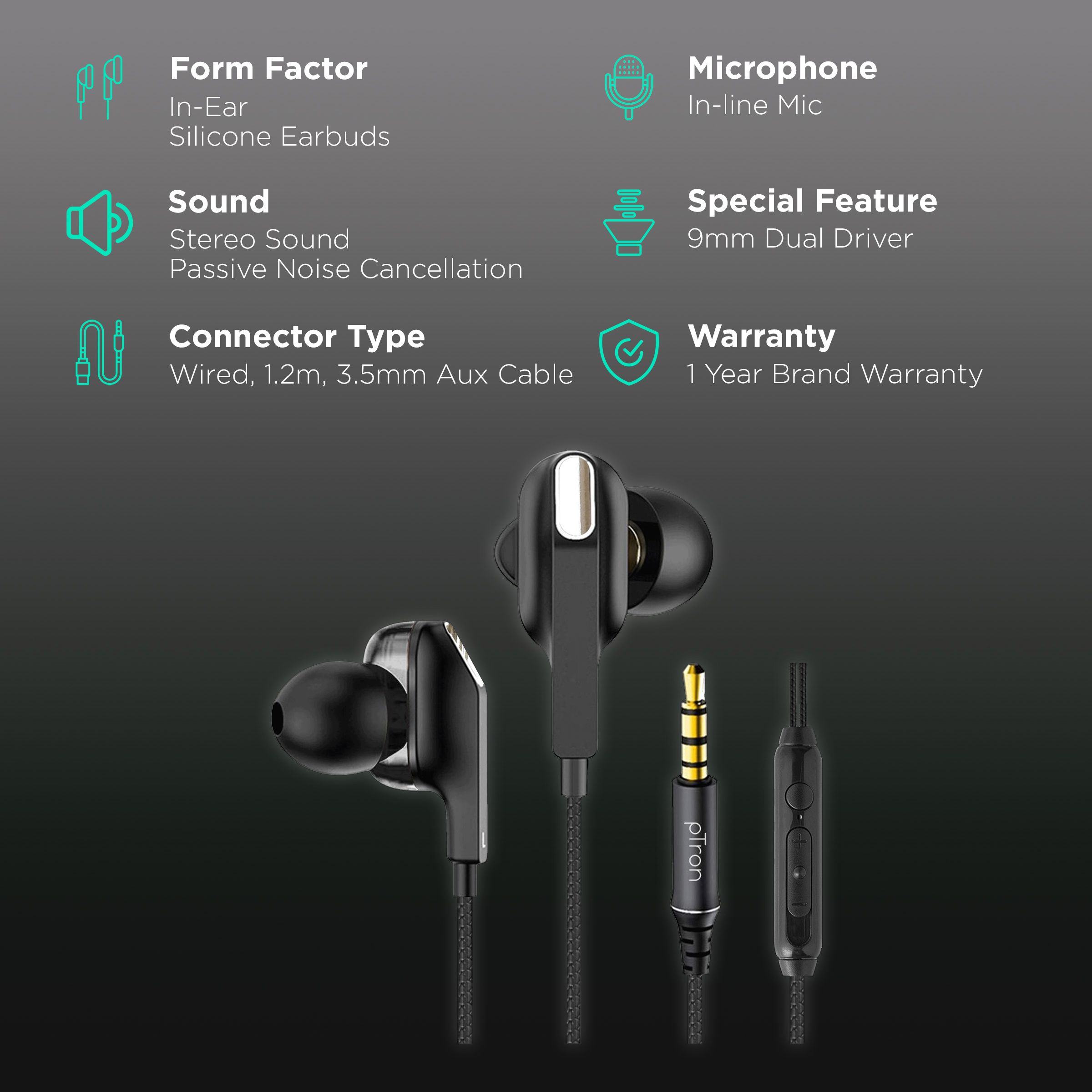 pTron Boom One 140317900 Wired Earphone with Mic (3.5mm Connector, In Ear, Black)_2