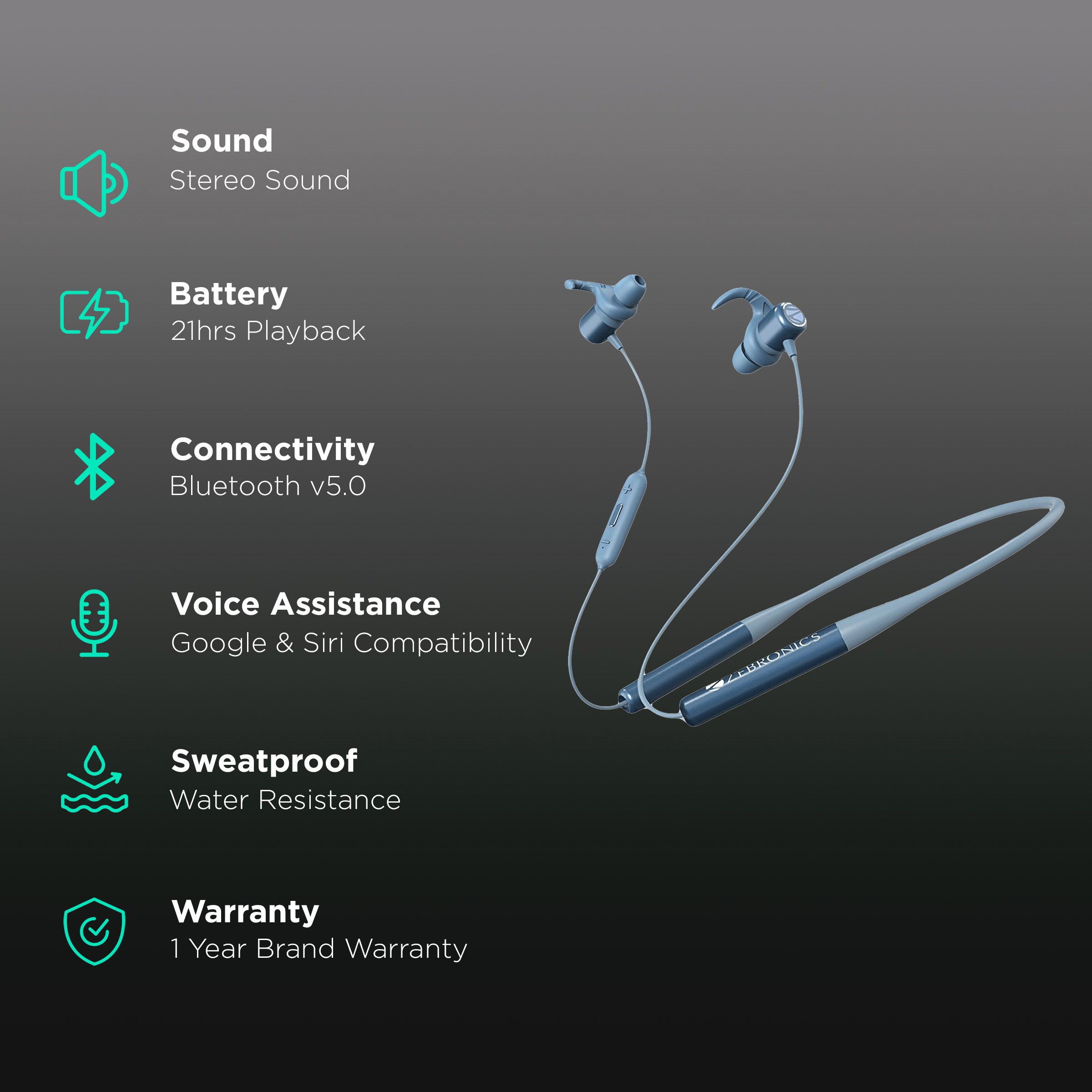 ZEBRONICS Yoga Neckband (Water Resistant, 21 Hours Playtime, Blue)_2