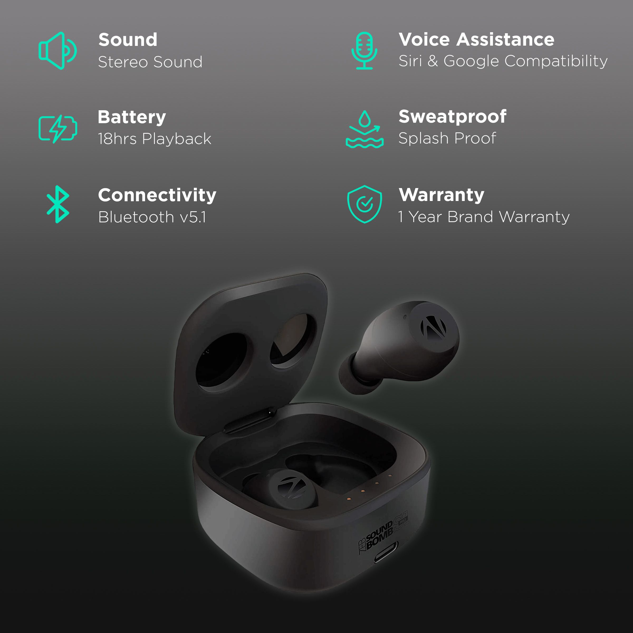 ZEBRONICS Sound Bomb S1 Pro TWS Earbuds (Splashproof, 18 Hours Playback, Black) ZEBRONICS Sound Bomb S1 Pro TWS Earbuds (Splashproof, 18 Hours Playback, Black)_2