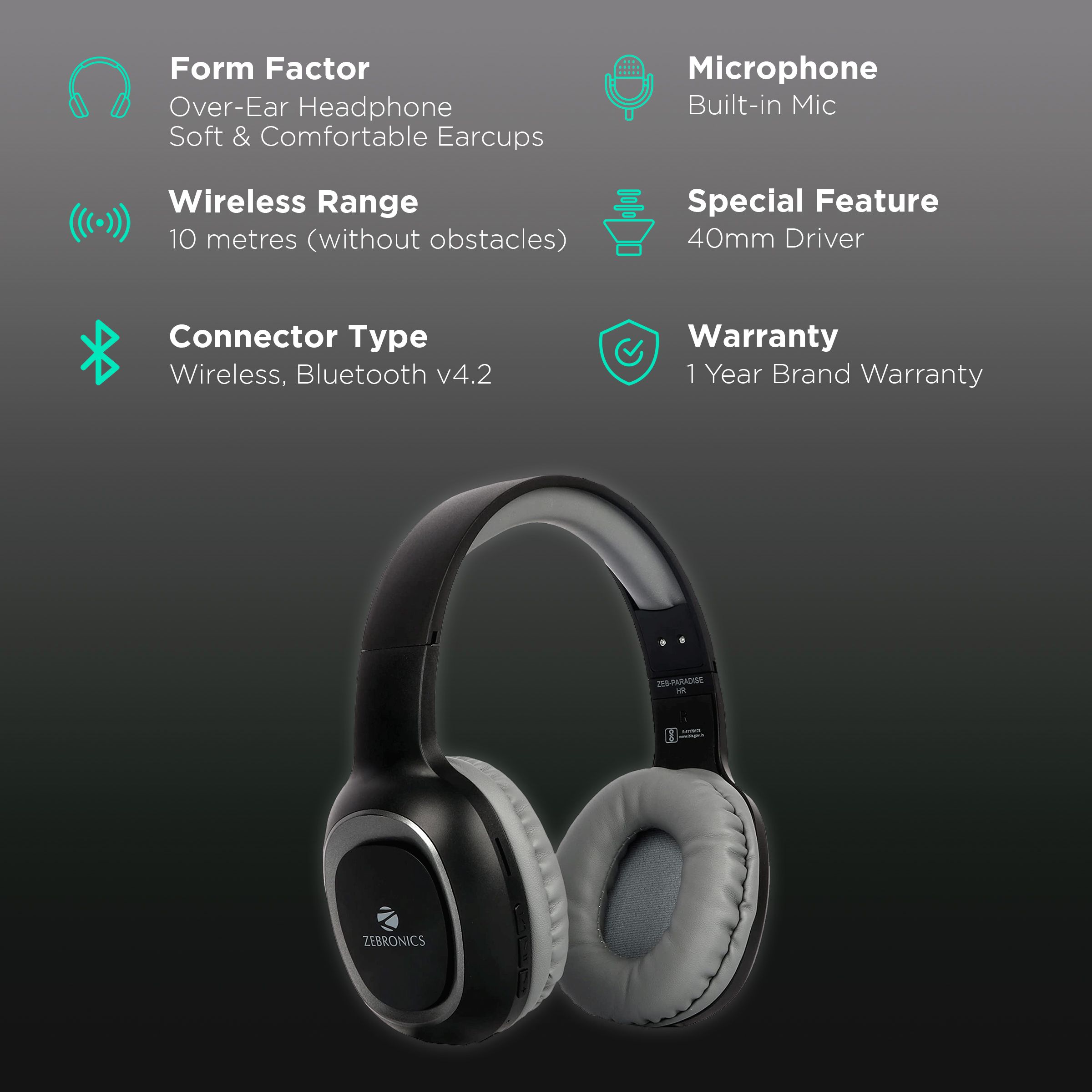 ZEBRONICS Paradise Bluetooth Headphone with Mic (15 Hours Playtime, Over Ear, Black)_2