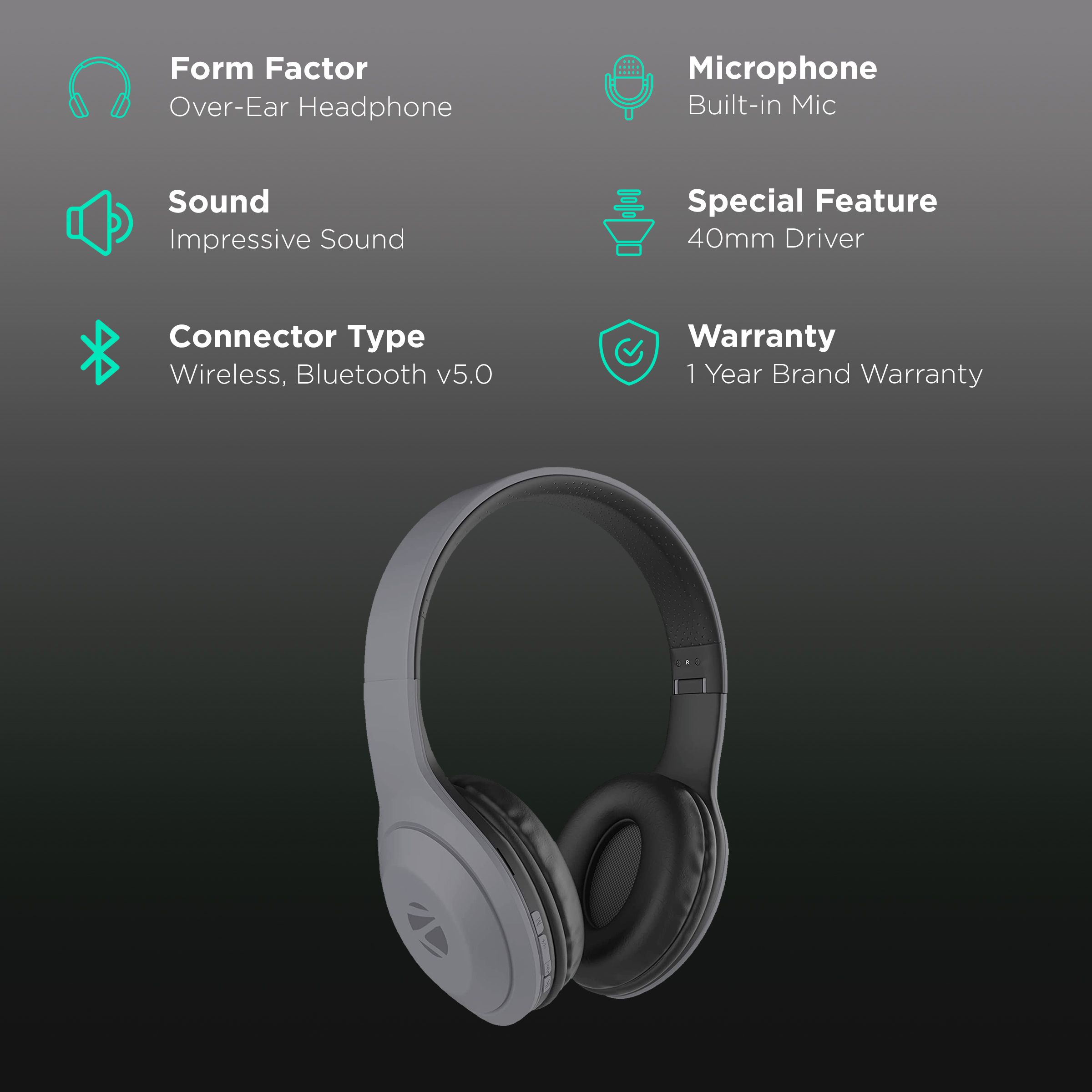 ZEBRONICS Duke 101 Bluetooth Headphone with Mic (12 Hours Playback, Over Ear, Grey) ZEBRONICS Duke 101 Bluetooth Headphone with Mic (12 Hours Playback, Over Ear, Grey)_2