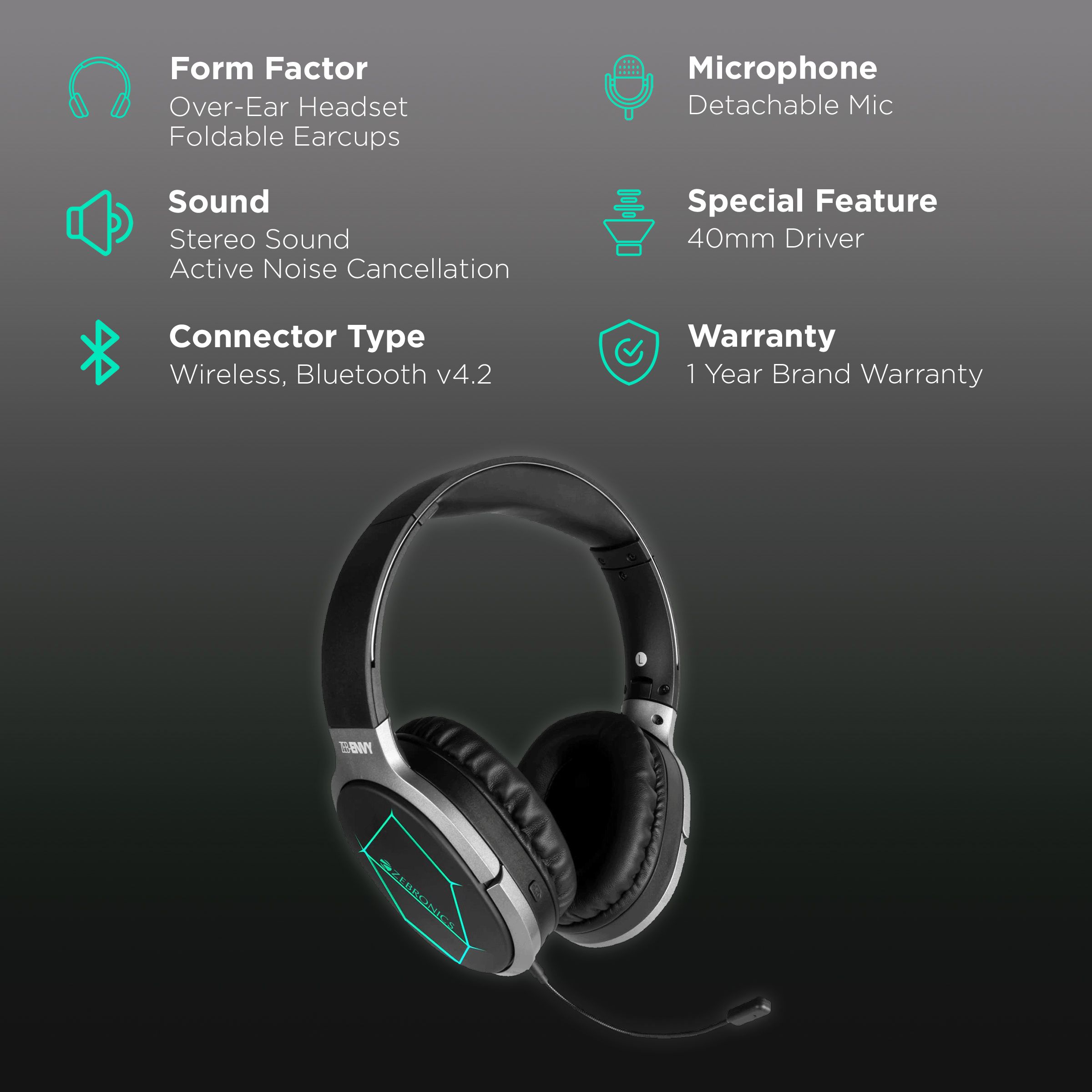 ZEBRONICS Envy Bluetooth Headphone with Mic (33 Hours Playtime, Over Ear, Black)_2