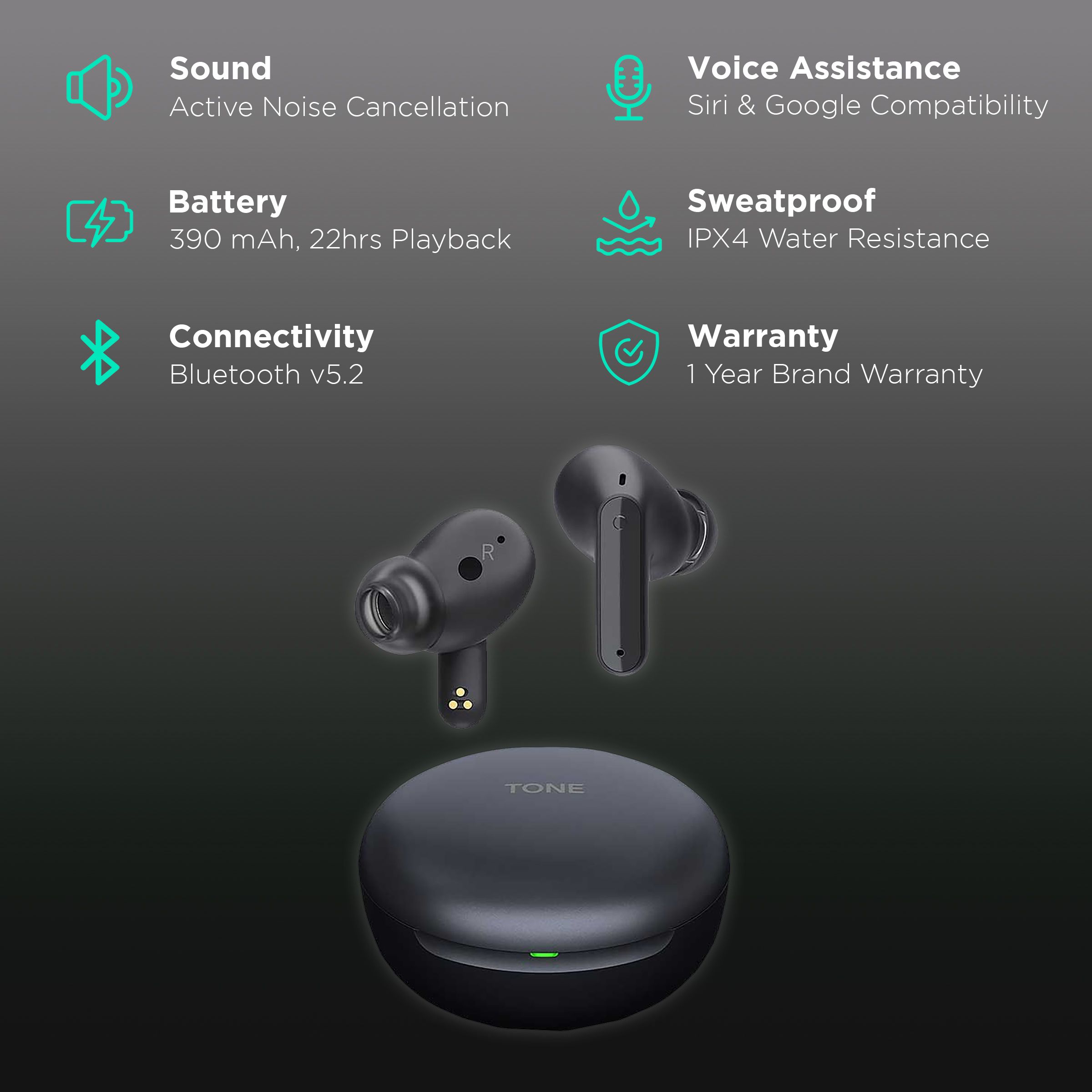 LG Tone Free TONE-FP5.CINDLLK TWS Earbuds with Active Noise Cancellation (IPX4 Sweat & Water Resistant, 22 Hours Playback, Charcoal Black)_2