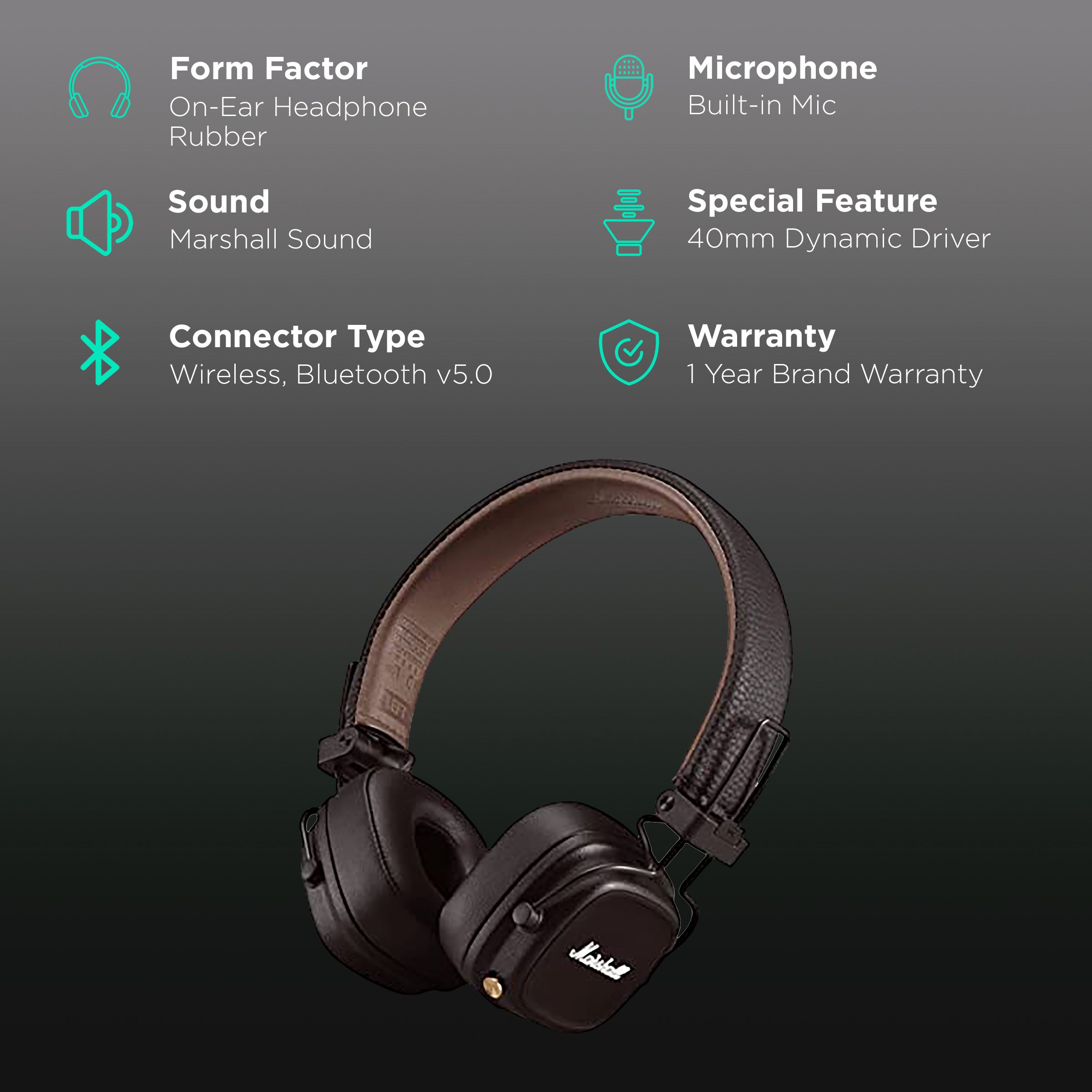 Marshall Major IV MS-MAJ4BT-BRN Bluetooth Headphone with Mic (80+ Playback, On Ear, Brown)_2
