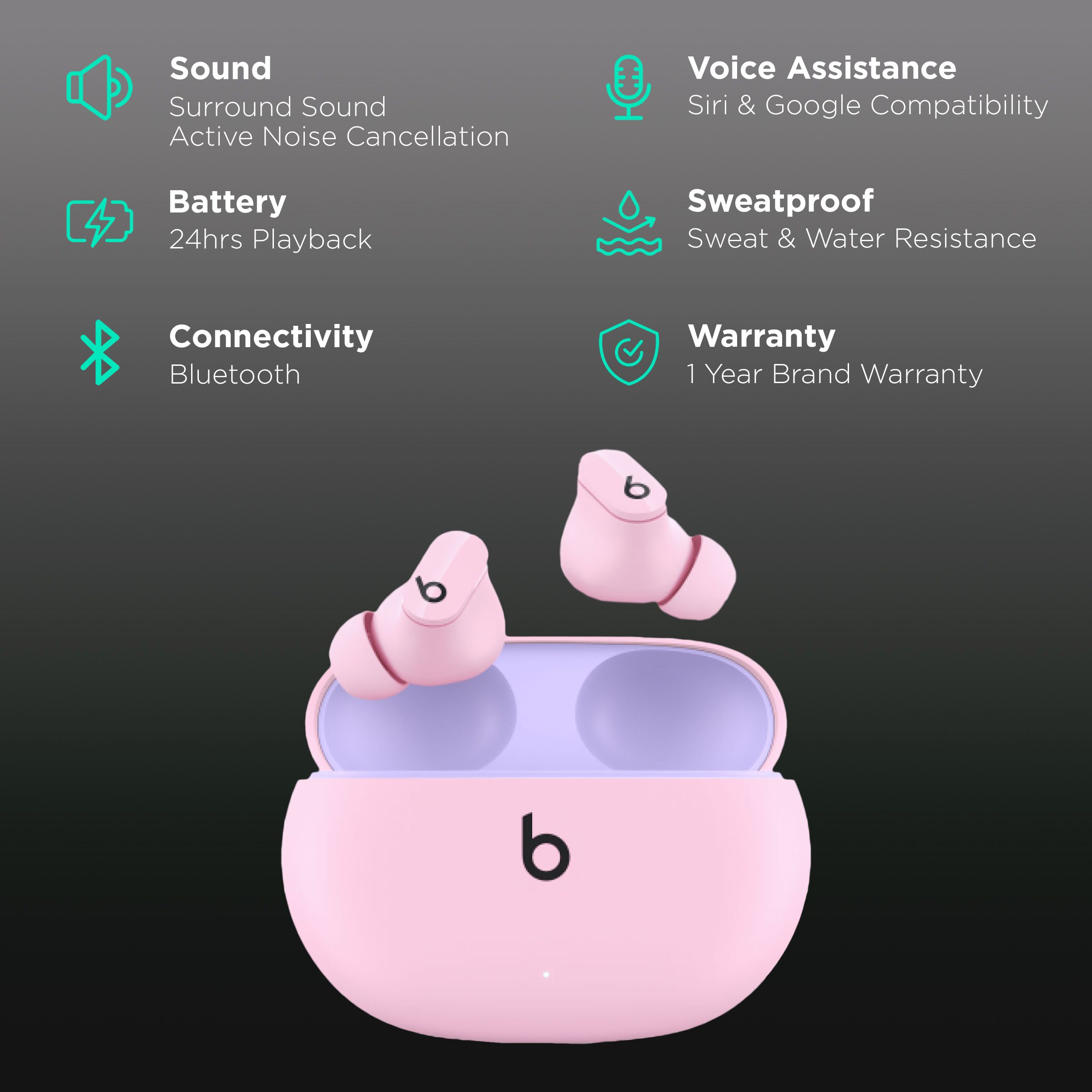 beats Studio Buds MMT83ZM/A TWS Earbuds with Active Noise Cancellation (Sweat & Water Resistant, 24 Hours Playtime, Sunset Pink) beats Studio Buds MMT83ZM/A TWS Earbuds with Active Noise Cancellation (Sweat & Water Resistant, 24 Hours Playtime, Sunset Pink)_2