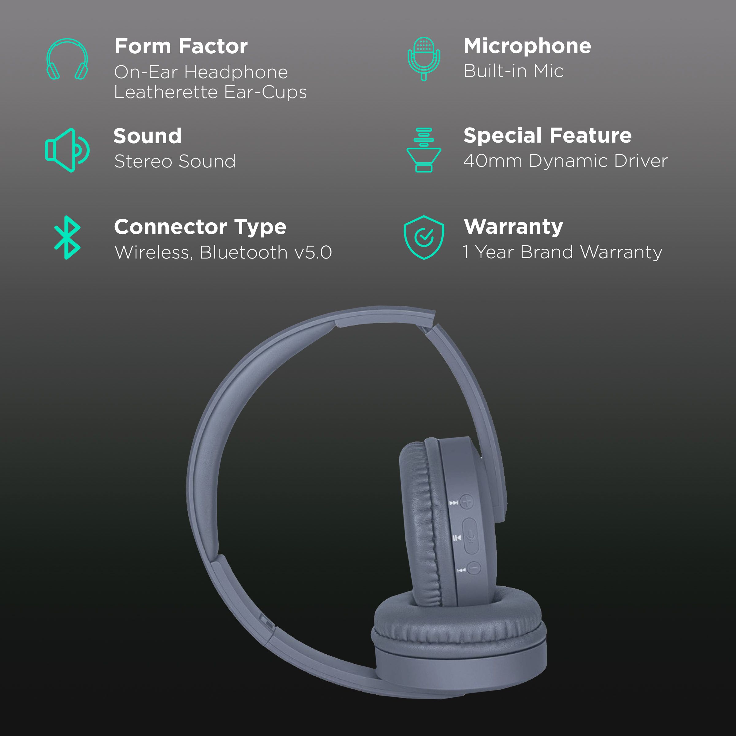 fingers Beaute Bluetooth Headphone with Mic (11 Hours Playback, On Ear, Gun Grey) fingers Beaute Bluetooth Headphone with Mic (11 Hours Playback, On Ear, Gun Grey)_2