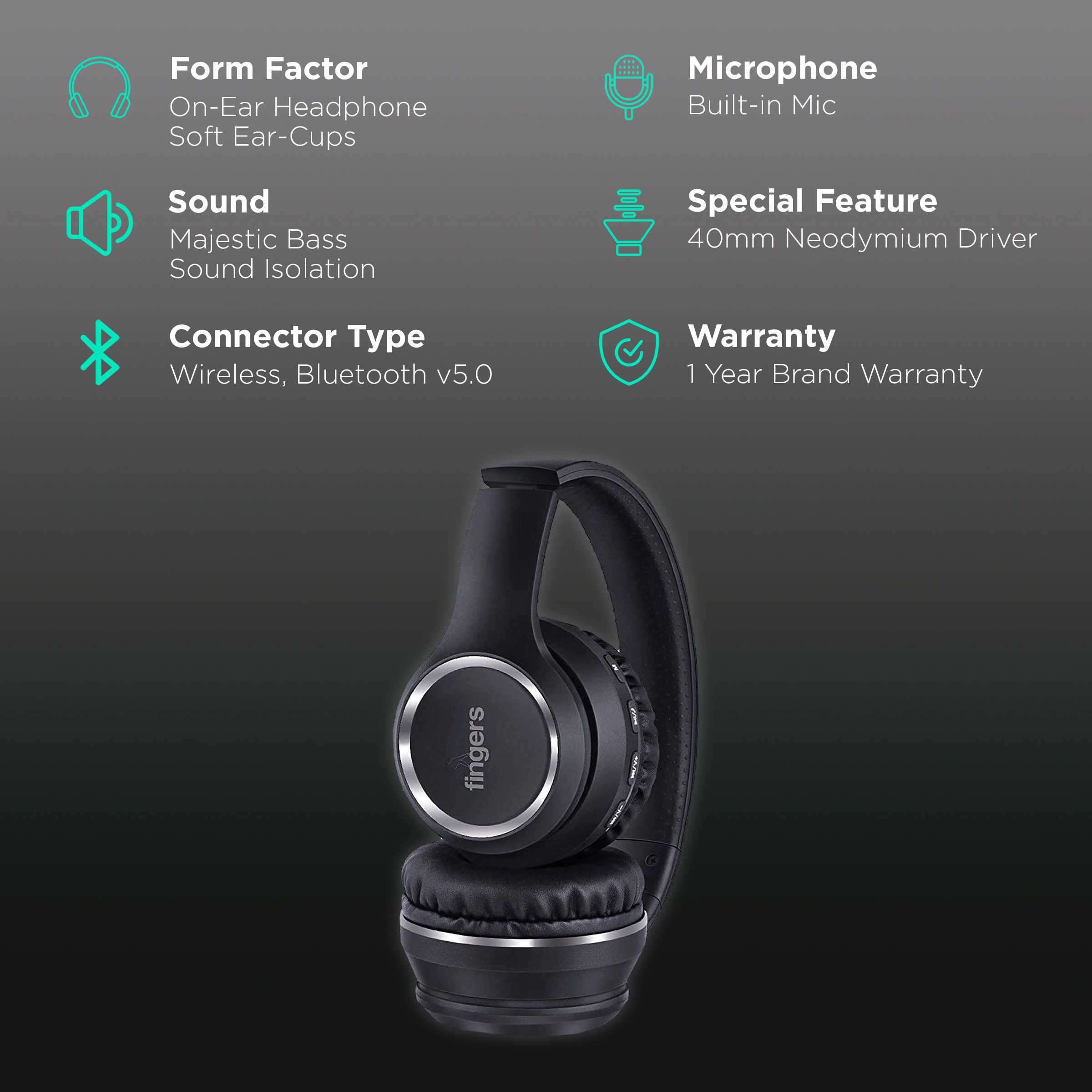 fingers Tap-2-Beat Bluetooth Headphone with Mic (Majestic Bass, On Ear, Jet Black) fingers Tap-2-Beat Bluetooth Headphone with Mic (Majestic Bass, On Ear, Jet Black)_2