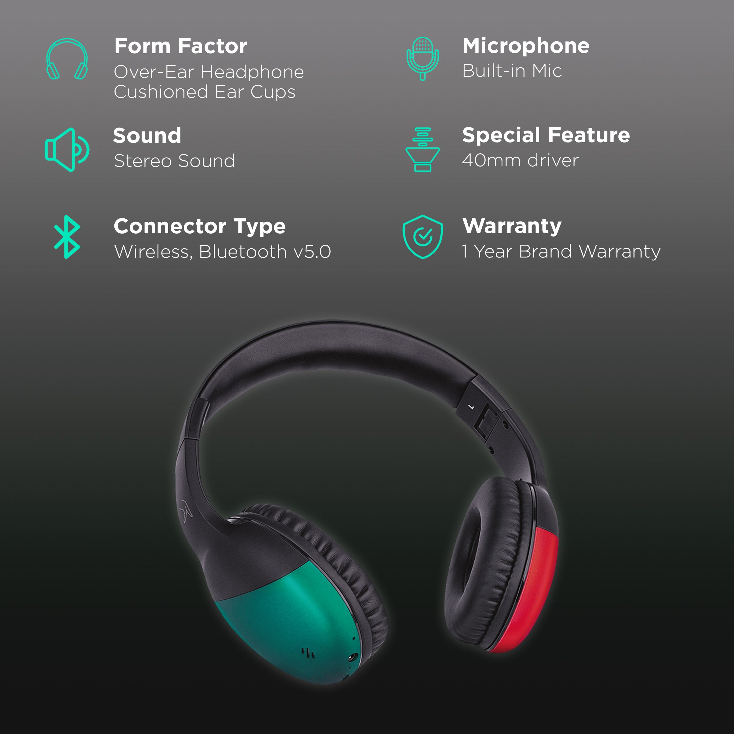 fingers Sugar-n-Spice Pro Bluetooth Headphone with Mic (13 Hours Playback, Over Ear, Ruby Red/Emerald Green)_2