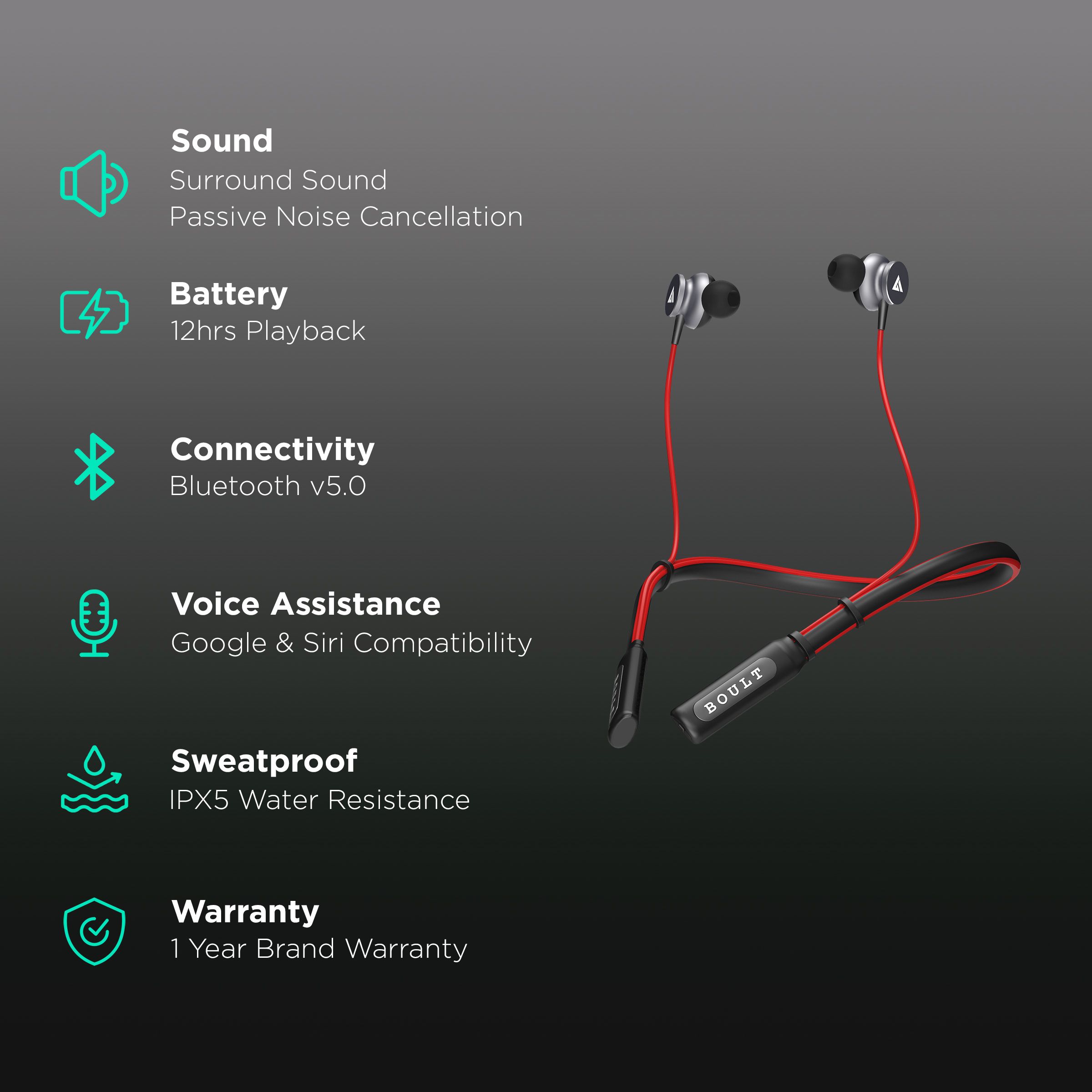 GOBOULT ProBass Curve BA-RD-Curve Neckband with Passive Noise Cancellation (IPX5 Water Resistant, Google & Siri Compatibility, Red)_2