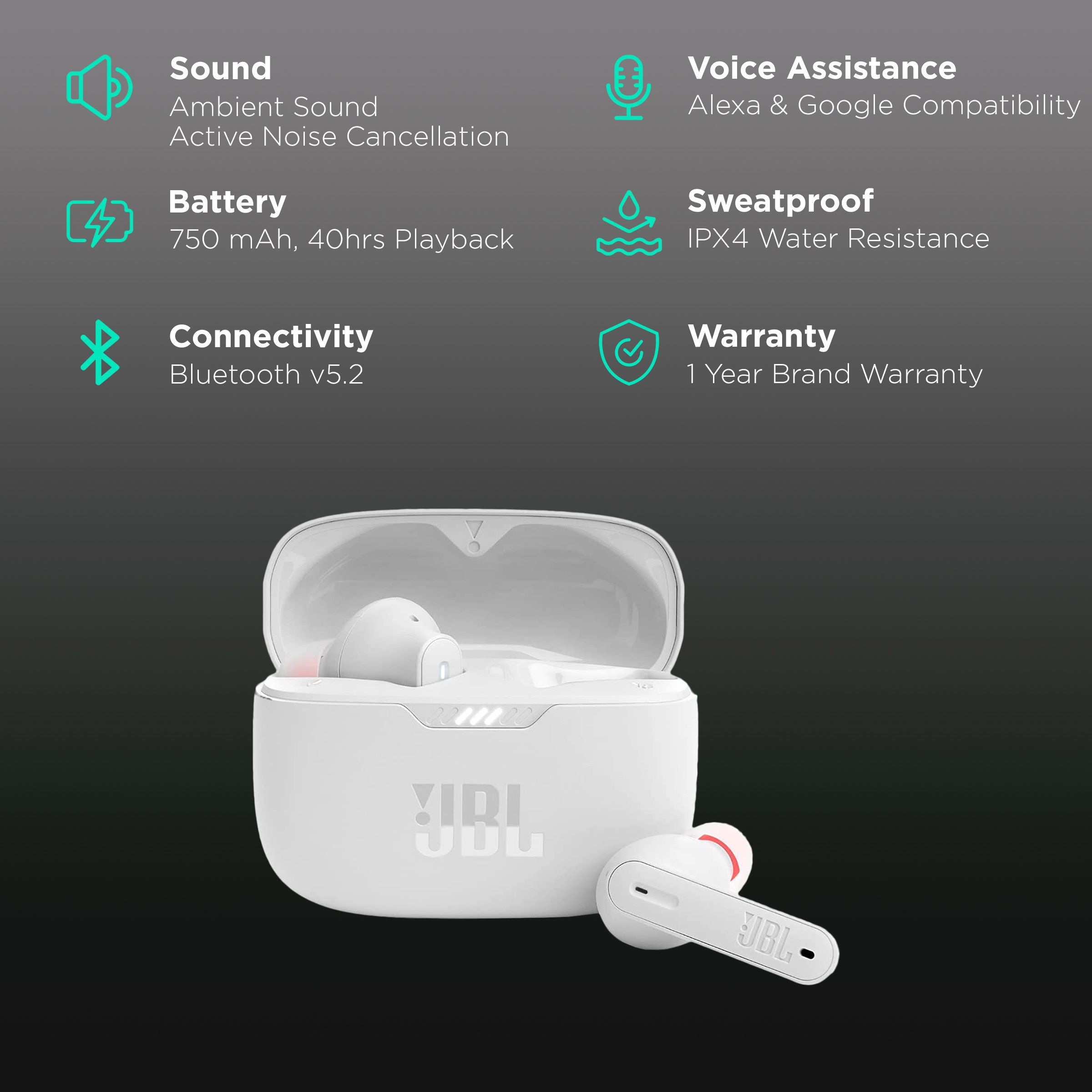 JBL Tune 230NC JBLT230NCTWSWHT TWS Earbuds with Active Noise Cancellation (IPX4 Sweat & Water Resistant, 40 Hours Playback, White)_2