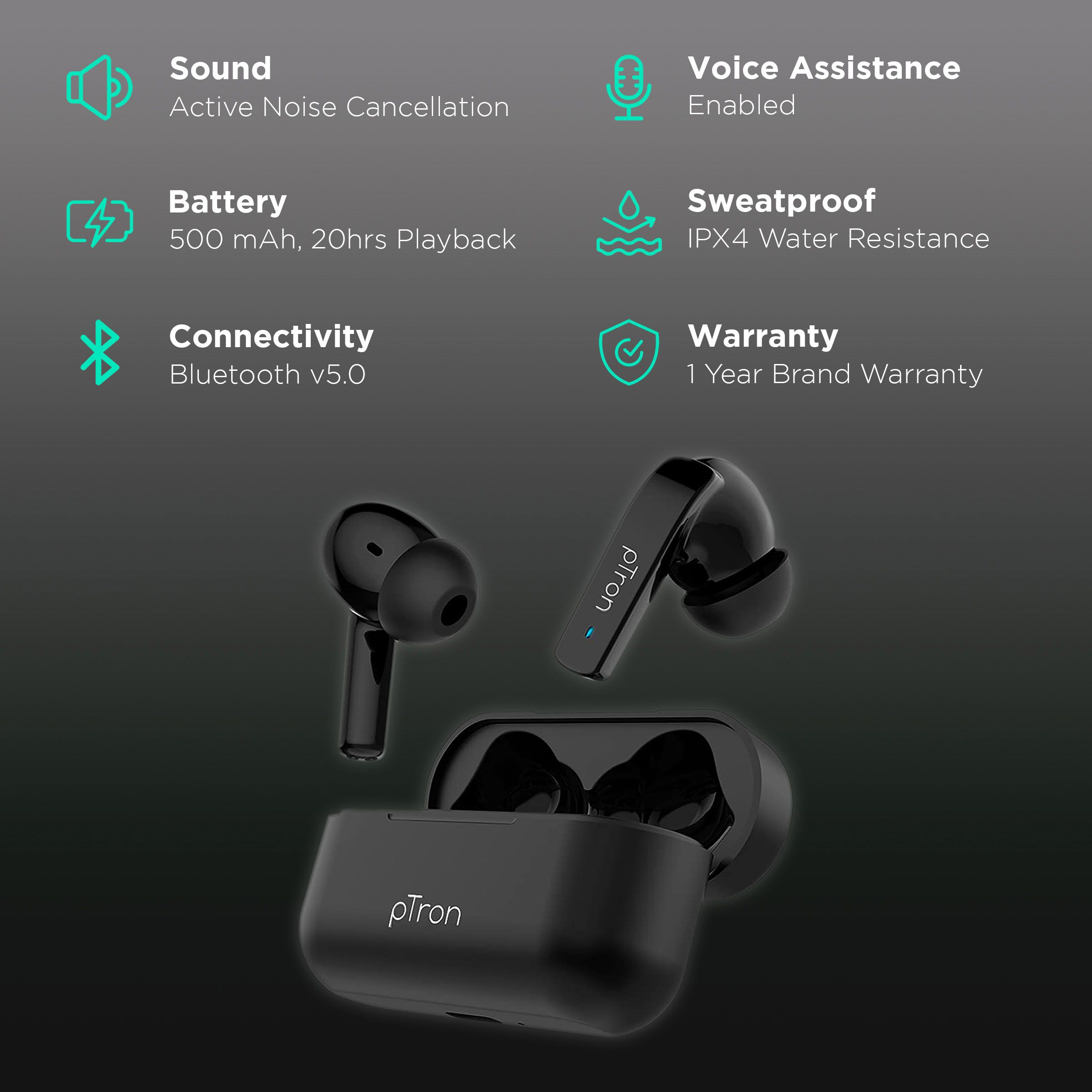 pTron Basspods 992 140318090 TWS Earbuds with Active Noise Cancellation (IPX4 Sweat & Water Resistant, 20 Hours Playback, Black)_2